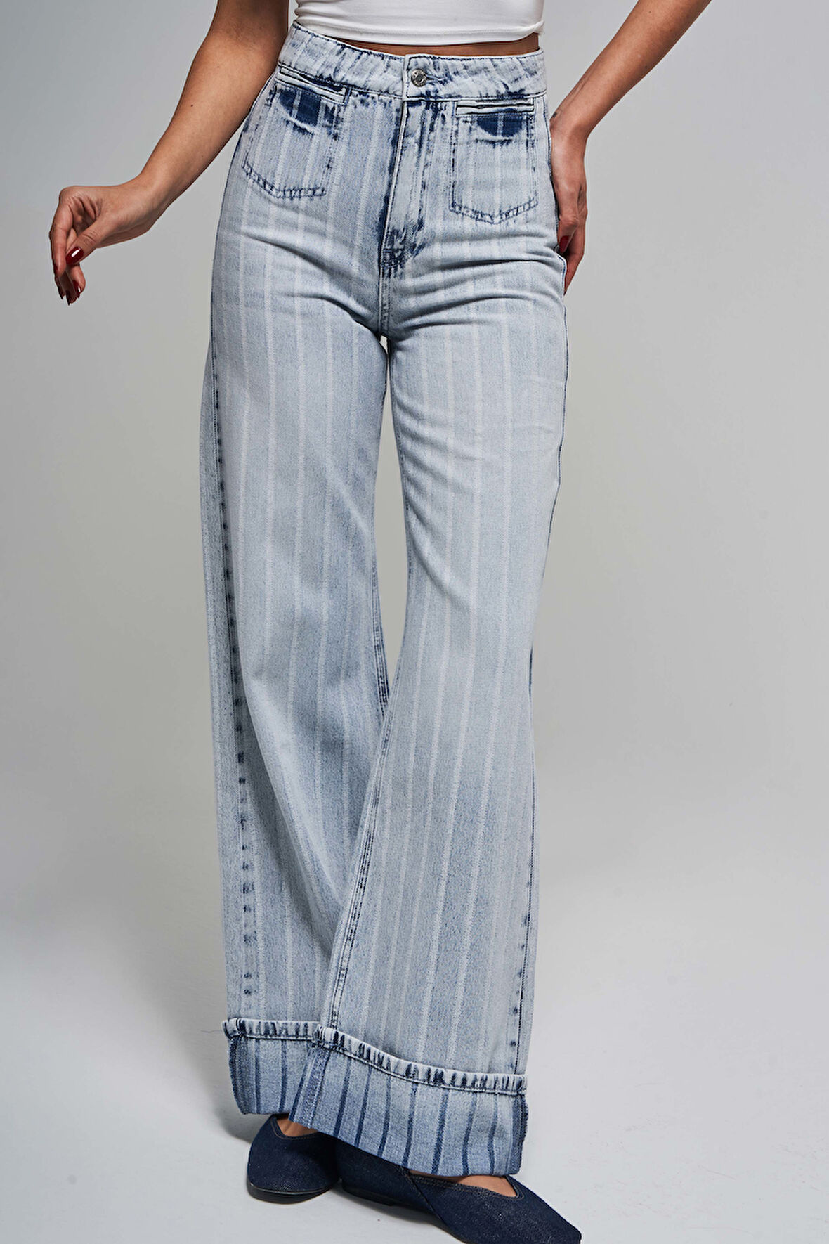 Kadın Çizgili Kot Rengi 4s5-3 Staright Fit Cep Detaylı %100 Koton Özel Kumaş Denim Jean