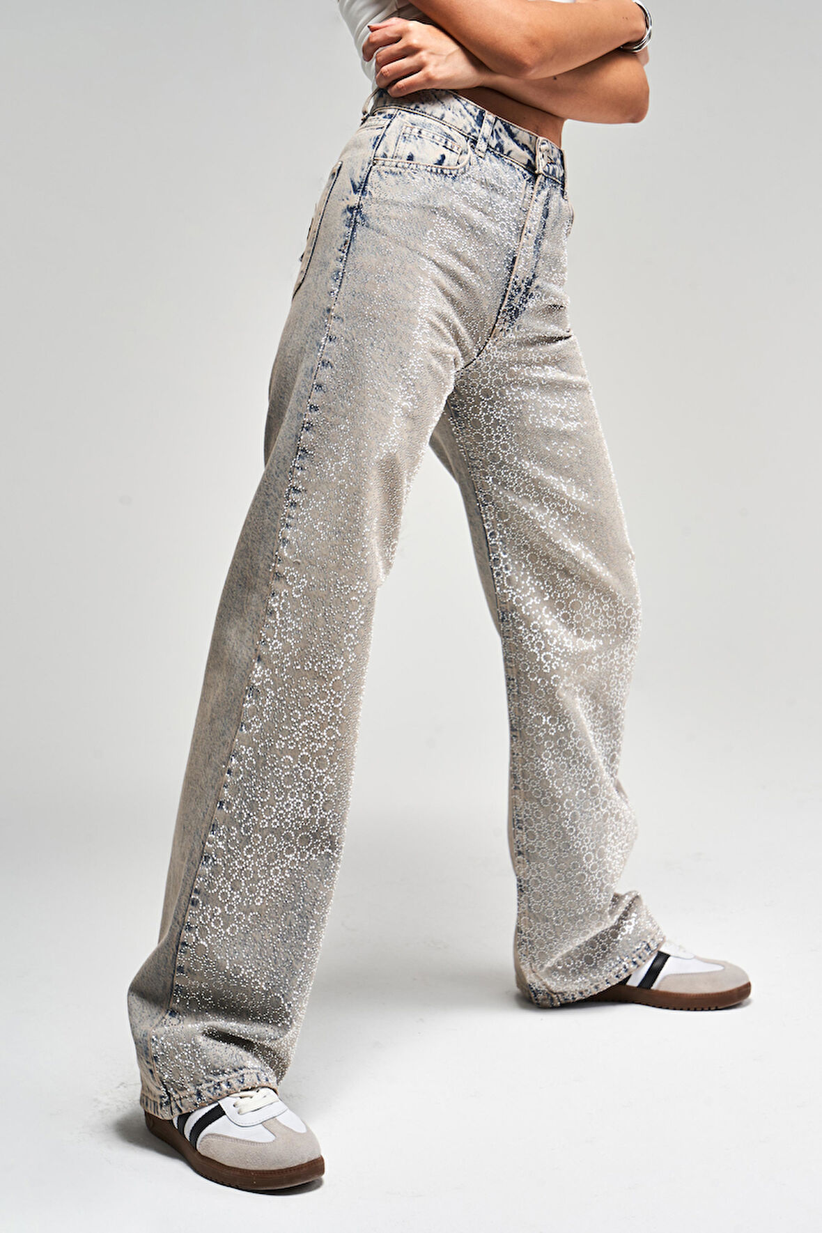 Kadın T.Kot  Rengi T-4S5-90 Parlak Taşlı %100 Koton Tasarım Straight Fit Denim Jean