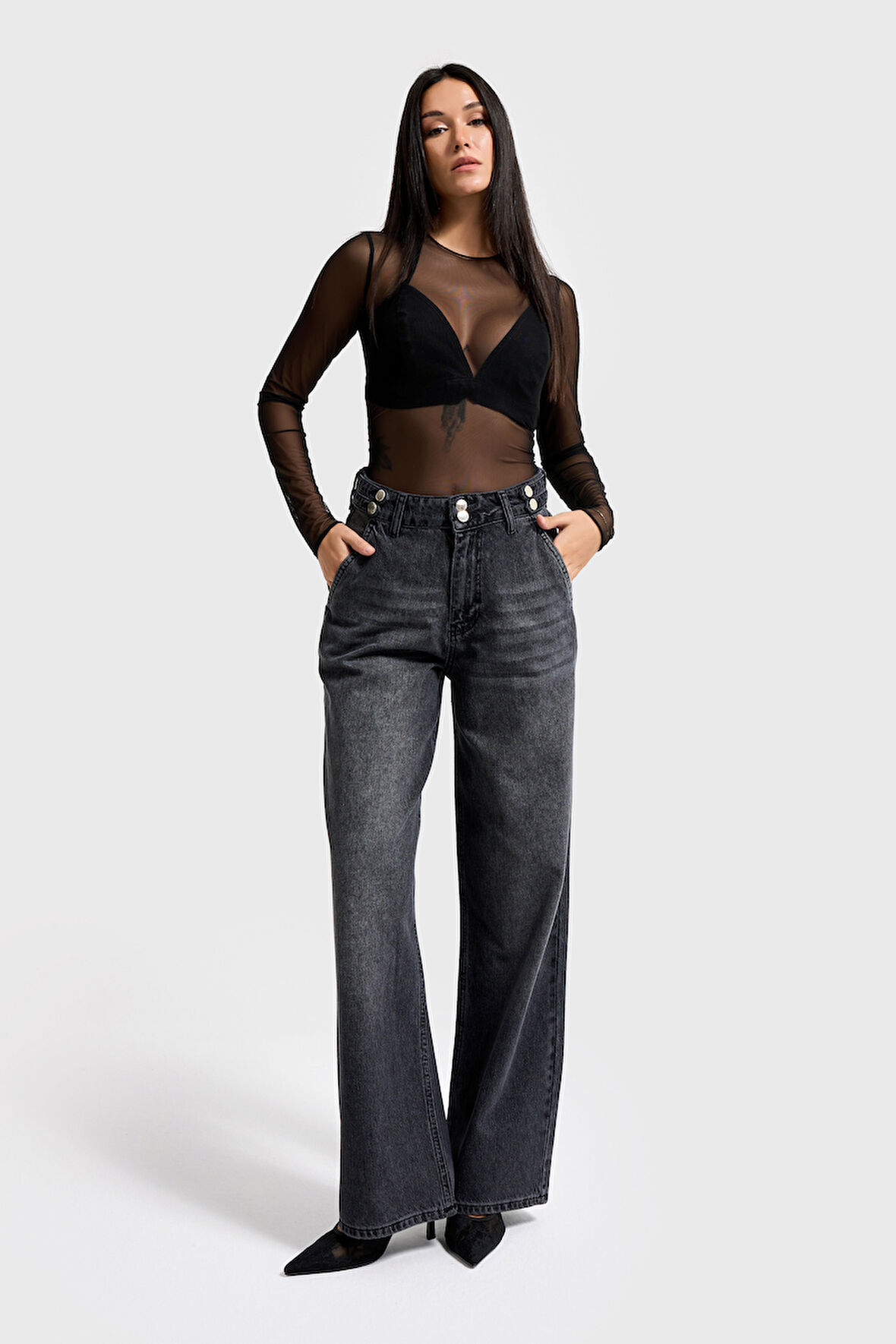 Kadın Füme Renk 2w5-1 Wide Leg Fit Bol Kesim %100 Koton Kemer Detaylı Denim Jean