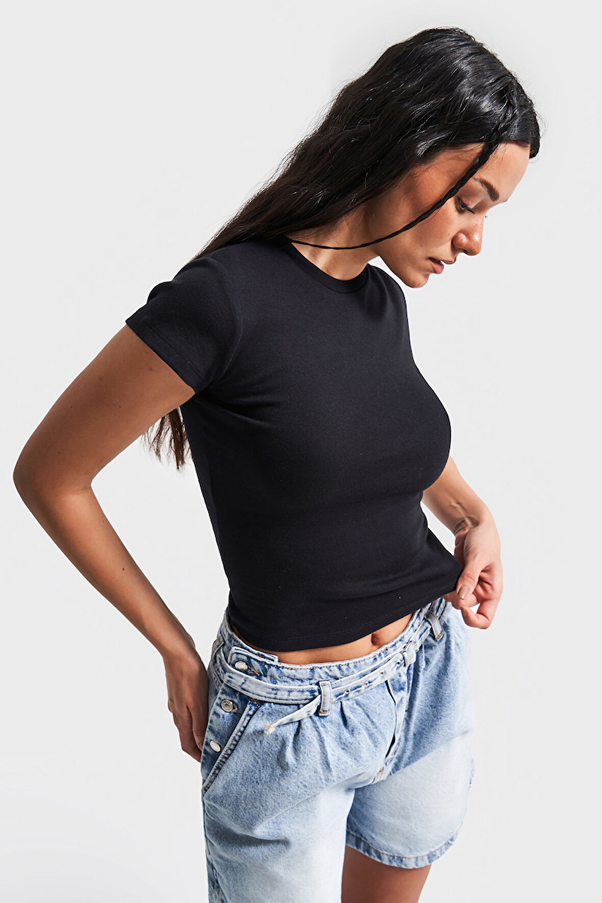 Kadın Siyah Renk s5-1 Süper Esnek Kumaş %100 Pamuk Bisiklet Yaka Basic Body