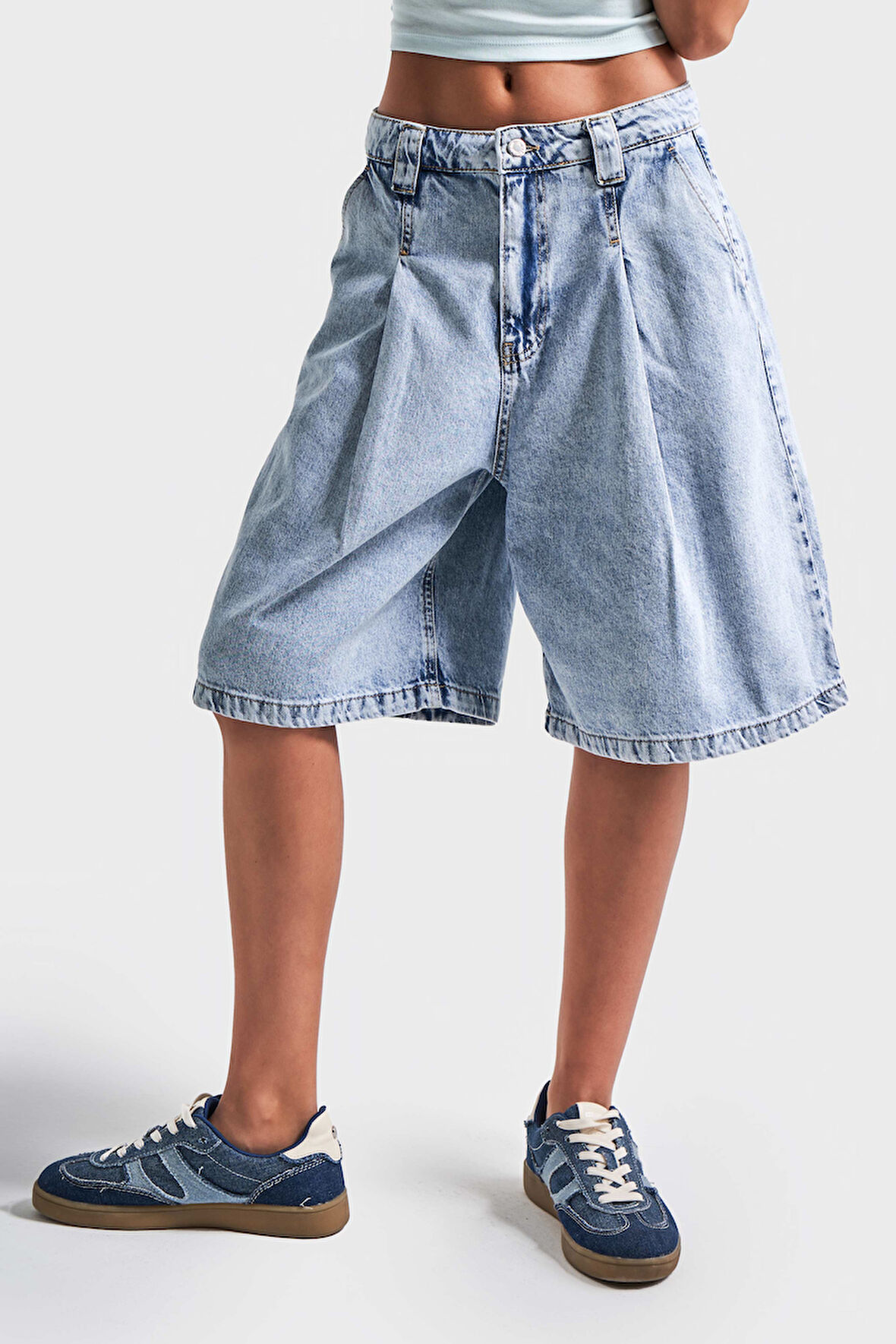 Kadın Snow Kot Rengi 3s5-3 Maxi Boy Baggy Fit %100 Koton Pileli Denim Bermuda Şort