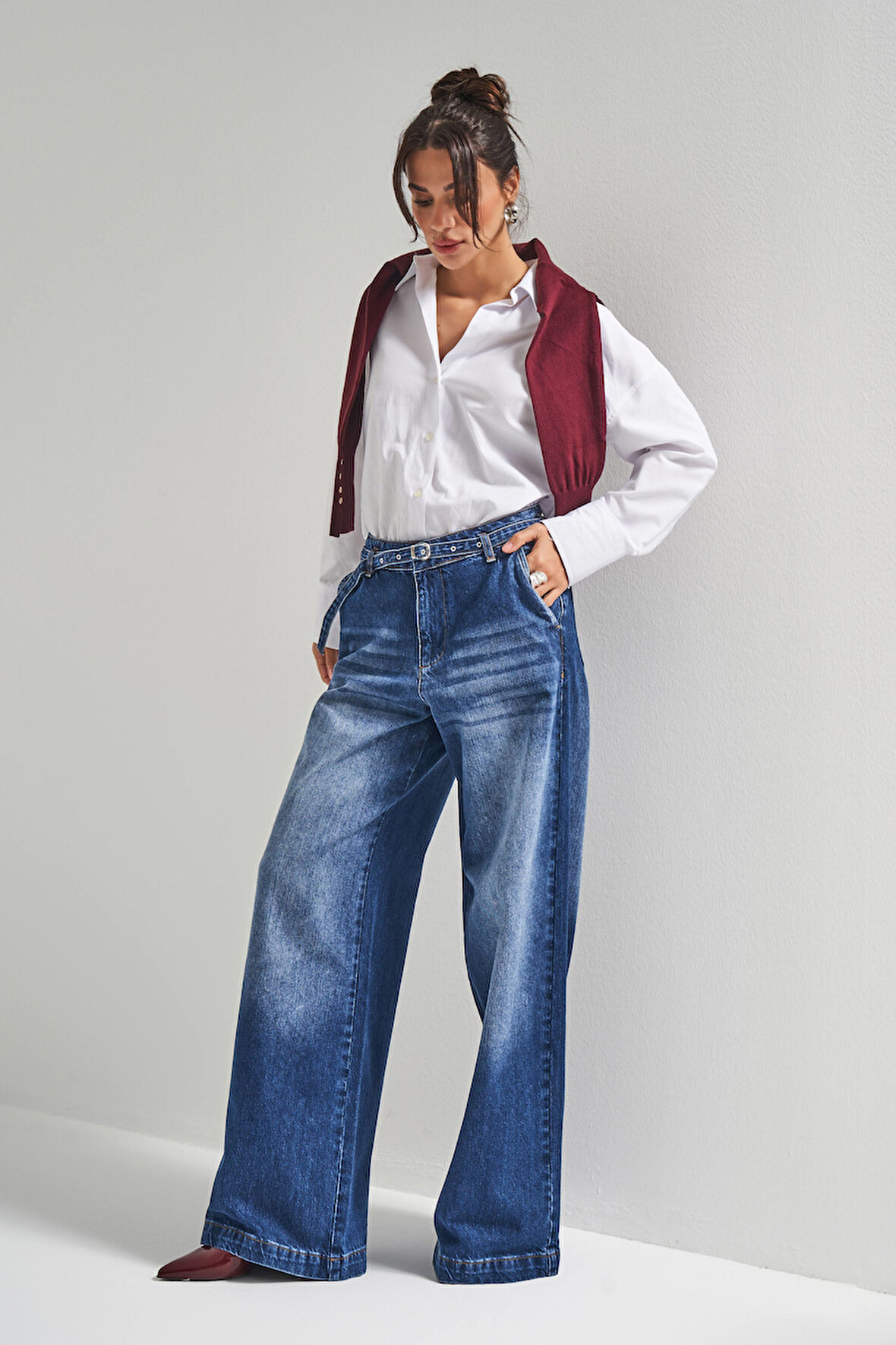 Kadın Mavi Renk 2w5-5 Süper Palazzo Fit Kemer Detaylı Denim Jean