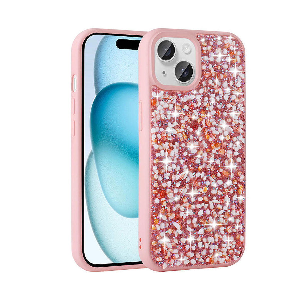 Apple iPhone 15 ile Uyumlu Kılıf Arka Yüzeyi Parlak Pırlanta Taşlı Tasarımlı Kapak