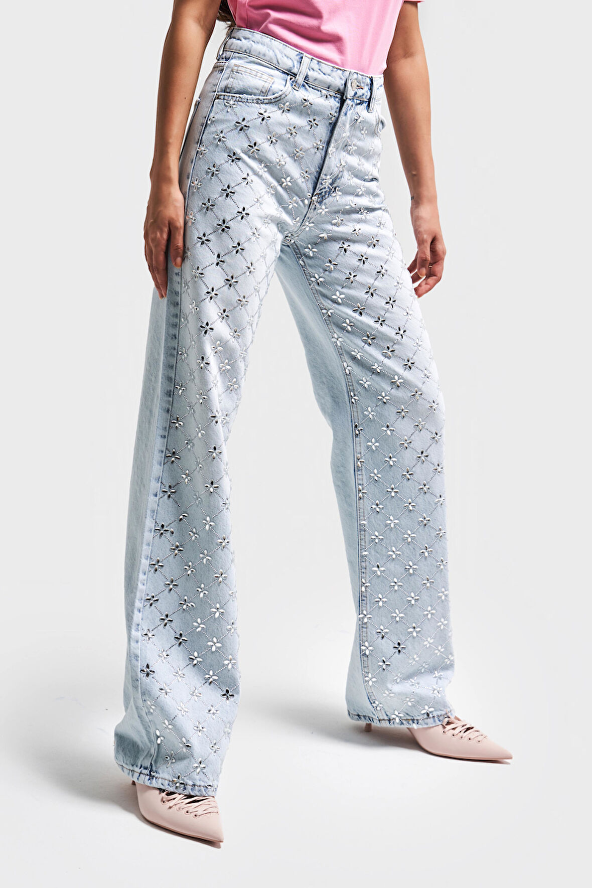 Kadın Snow Kot Rengi 4s5-100 Straight Fit Parlak Taşlı %100 Koton Tasarım Denim Jean