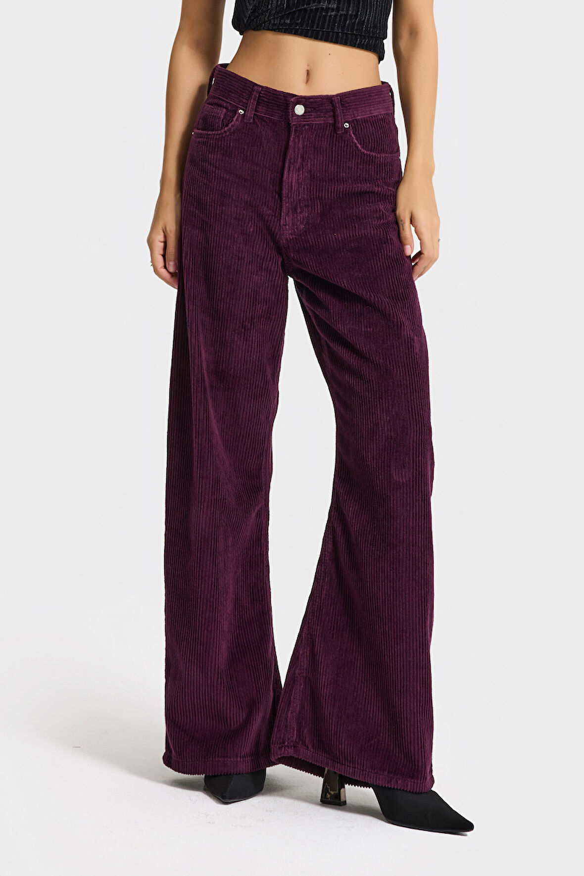 Kadın Mor Renk 26w5-111 Straight Fit Yüksek Bel Kalın Fitilli Velvet Kadife Kumaş Pantolon