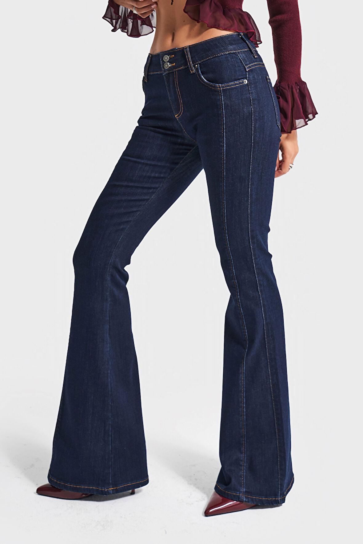 Kadın İndigo Renk 7w5-50 Midrise Flare Fit Esnek Elastan Kumaş Orta Bel Denim Jean