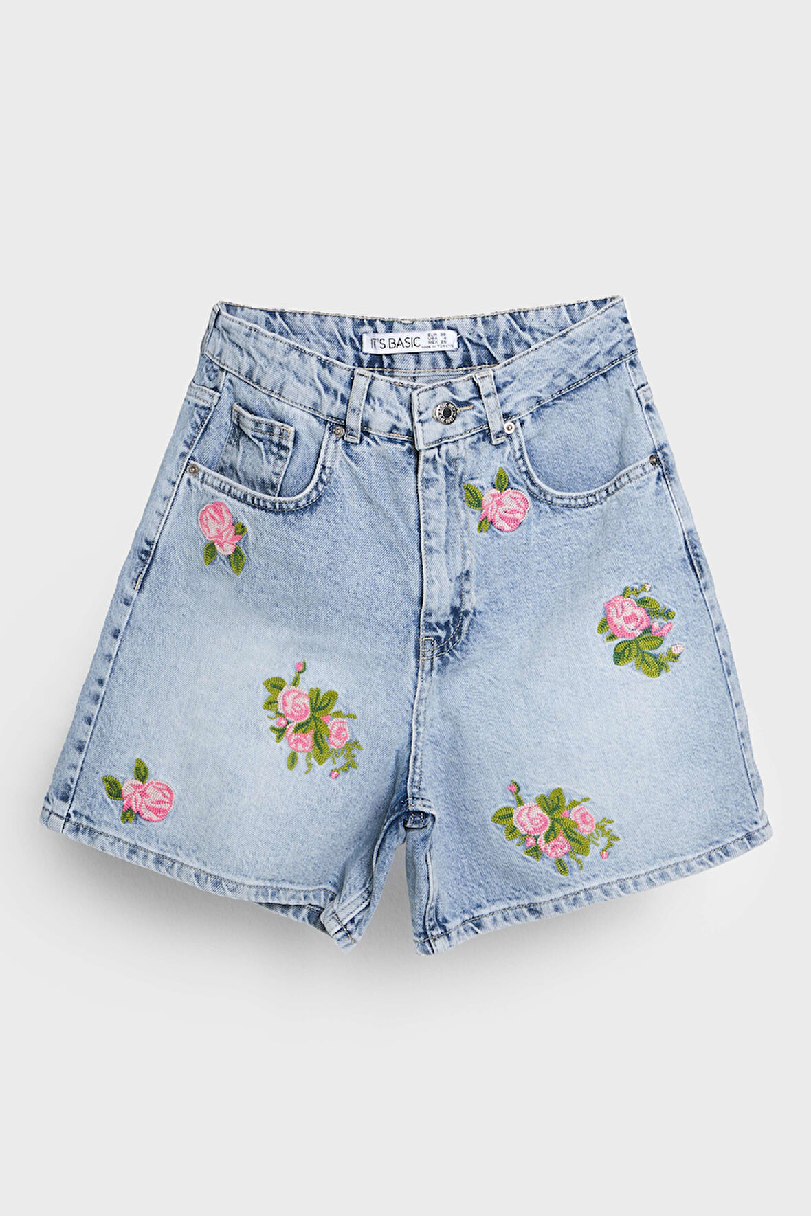 Kadın Mavi Renk 4s5-3 Midi Boy Çiçek Nakışlı %100 Koton Tasarım Denim Şort