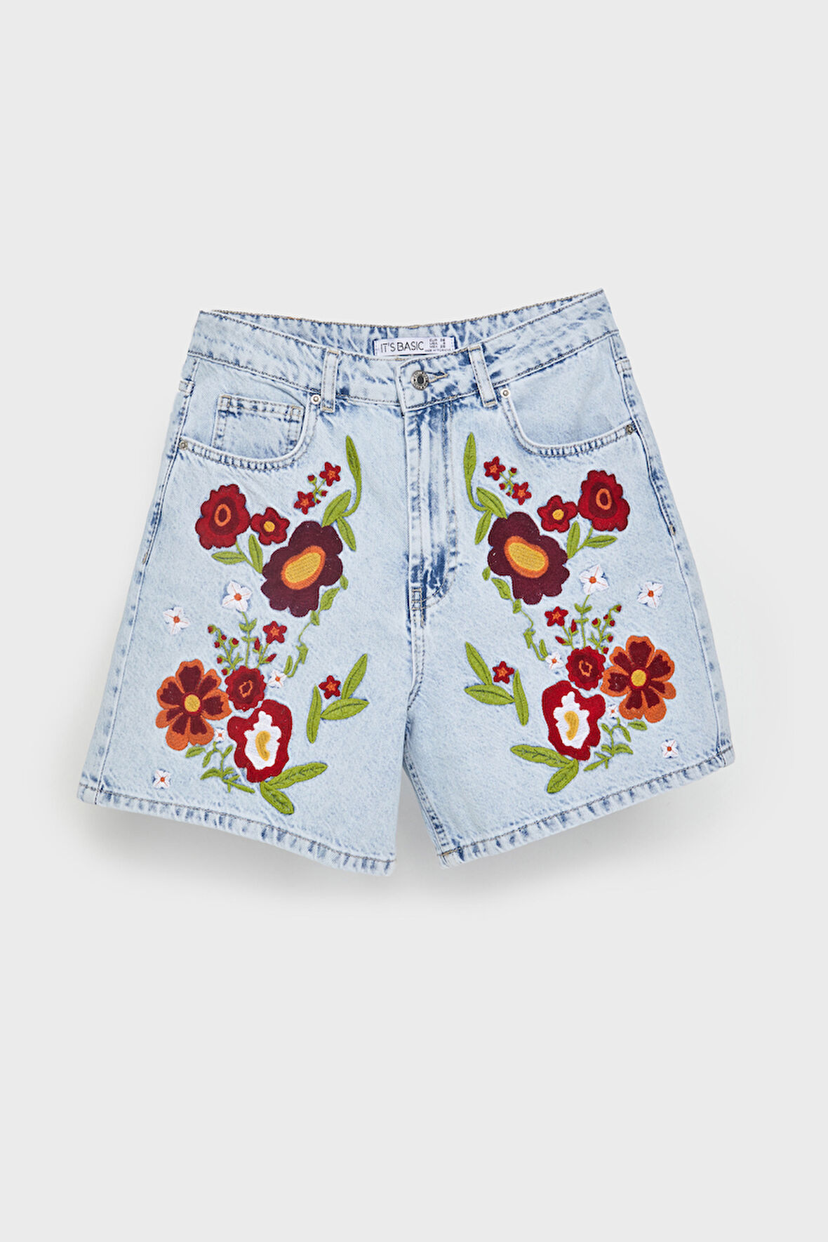 Kadın Ice Kot Rengi 3s5-3 Kırmızı Çiçek Nakışlı Midi Boy %100 Koton Rahat Kesim Tasarım Denim Şort