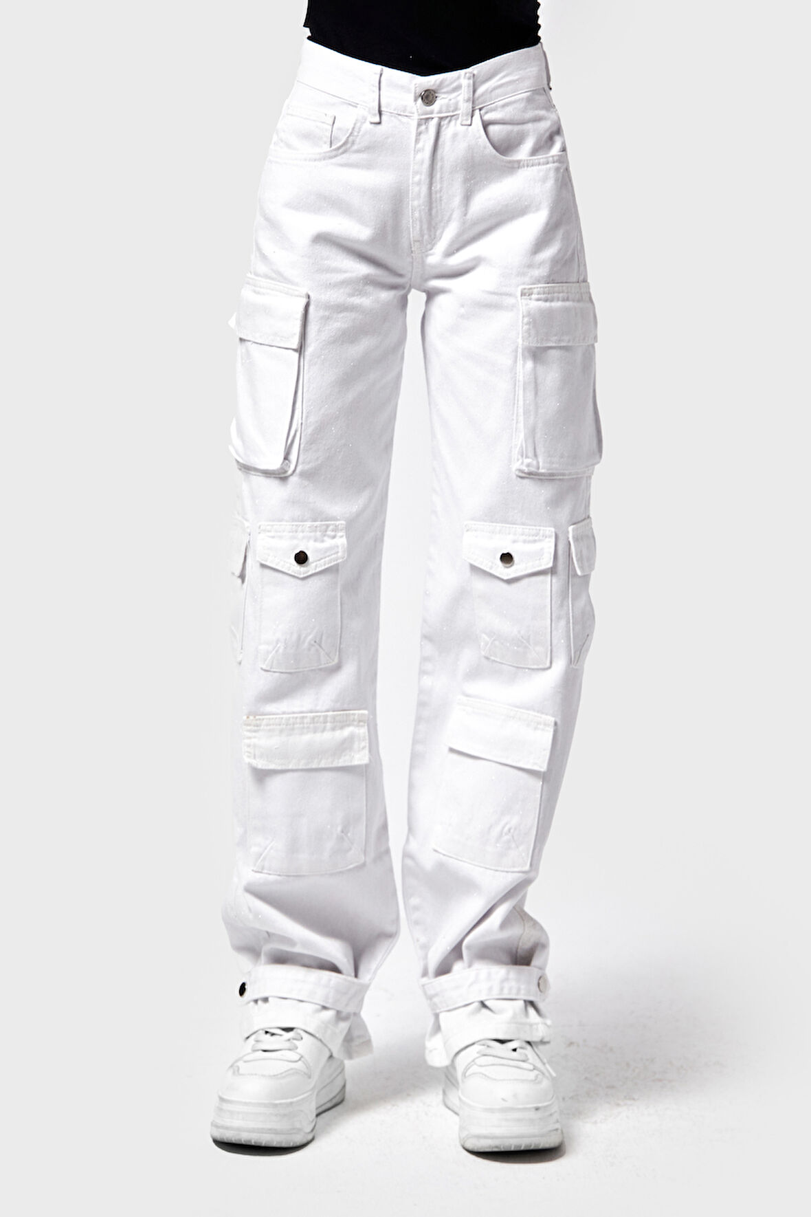 Kadın Beyaz Renk w5-2 Straight Kargo Fit Simli Özel Kumaş Tasarım Denim Jean