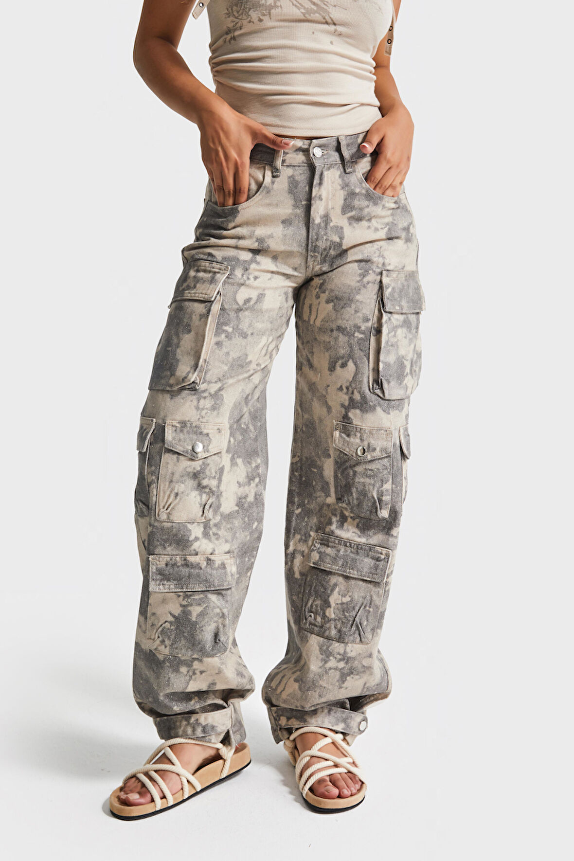 Kadın Kamuflaj Renk 7w5-28 Straight Kargo Fit Simli Özel Kumaş Tasarım Denim Jean