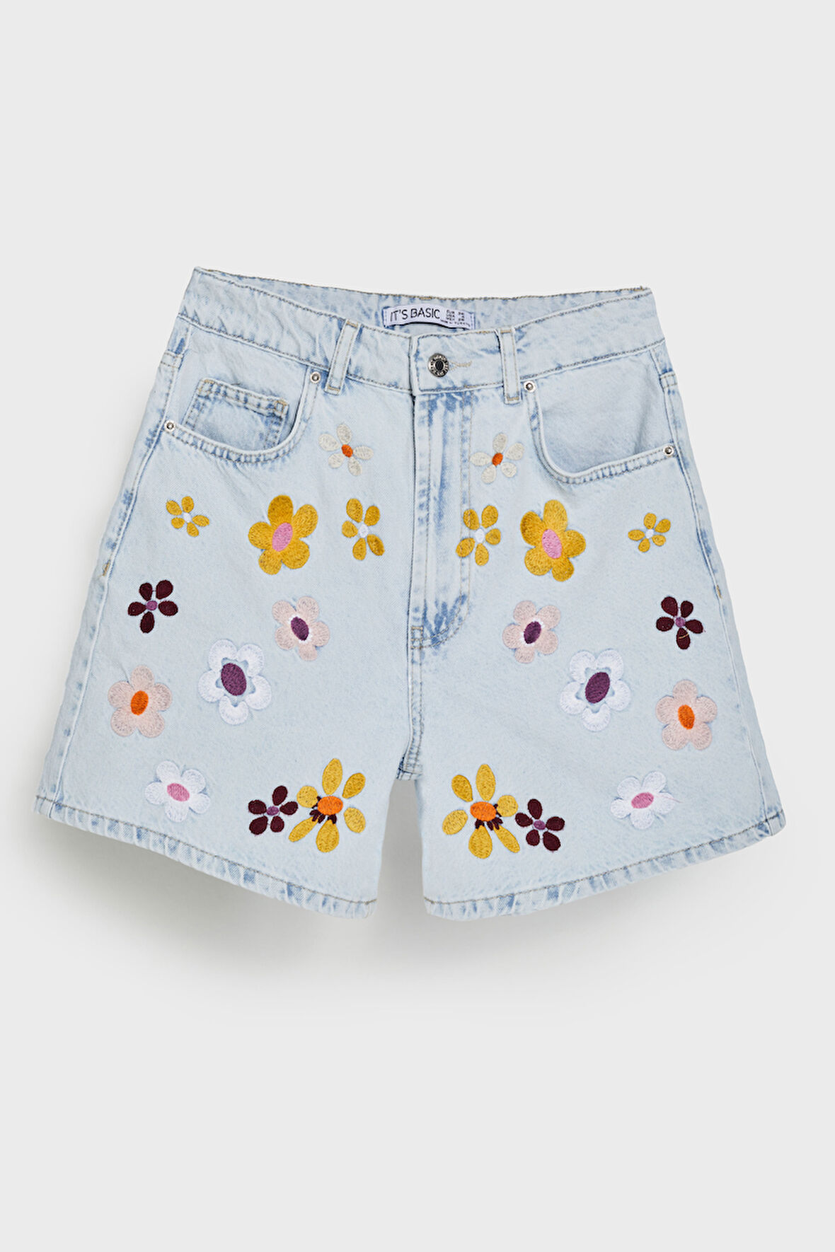 Kadın Ice Kot Rengi 3s5-3 Renkli Çiçek Nakışlı Midi Boy Rahat Kesim %100 Koton Tasarım Denim Şort