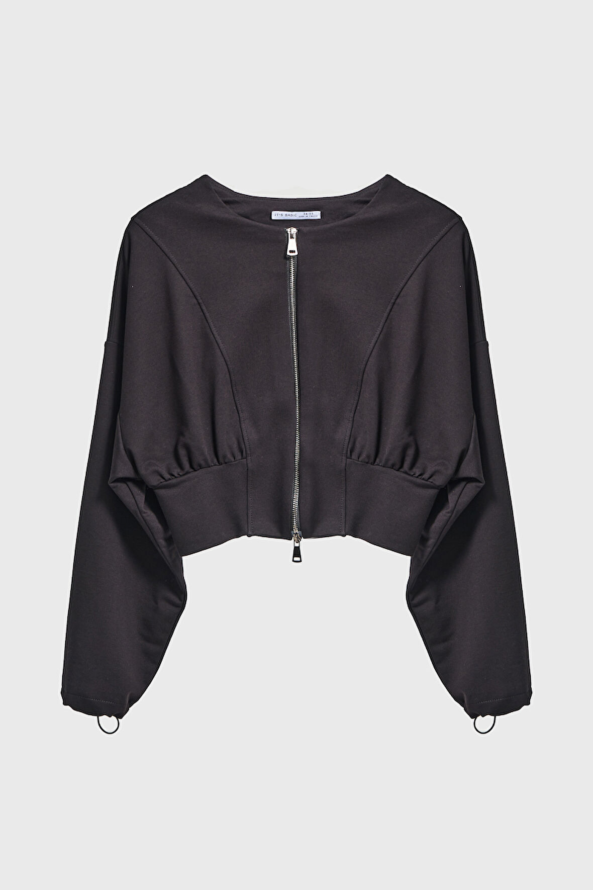 Kadın Siyah Renk w5-1 Bol Kesim Örme Esnek Kumaş Oversize Fermuarlı Sweatshirt