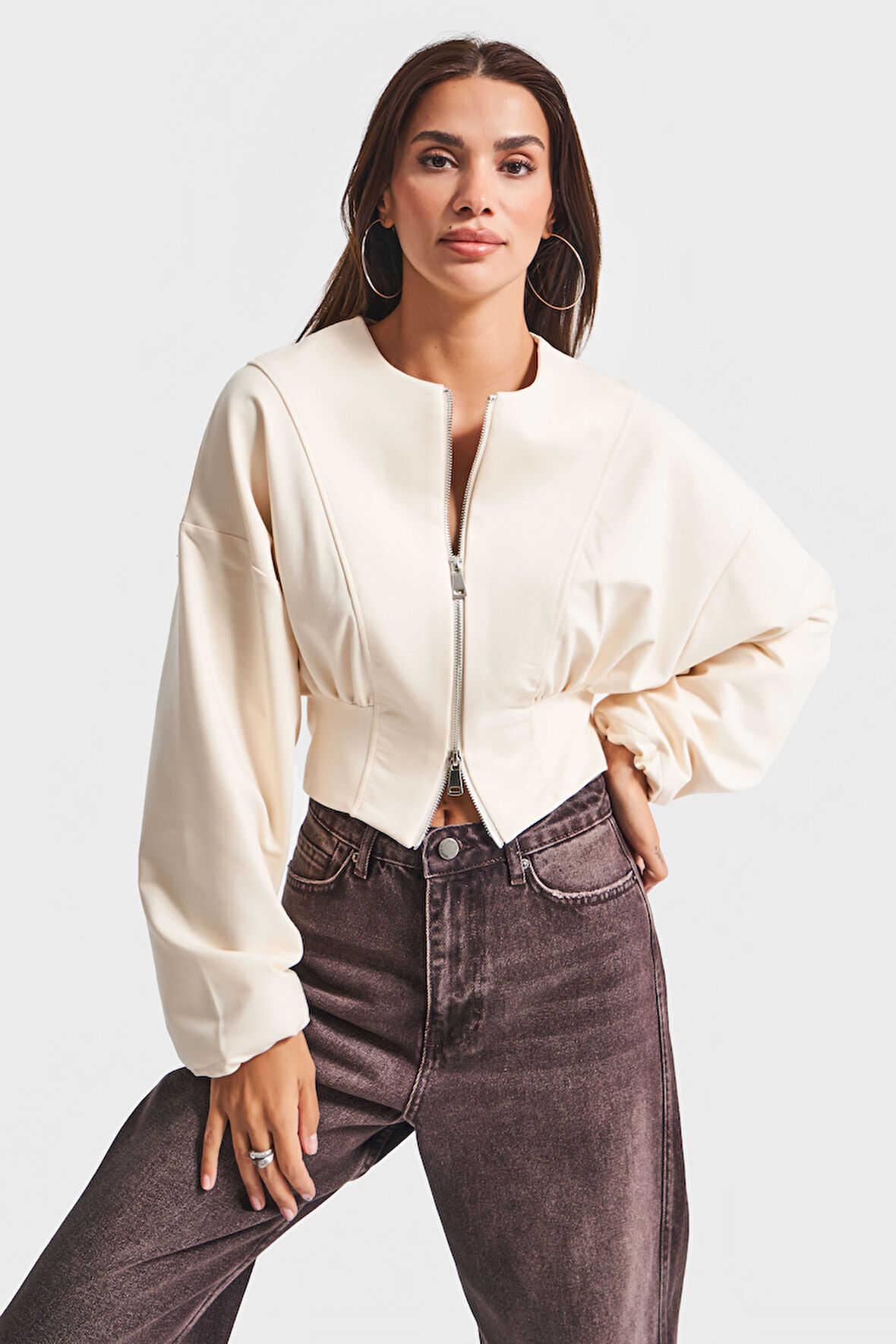 Kadın Ekru Renk w5-57 Bol Kesim Örme Esnek Kumaş Oversize Fermuarlı Sweatshirt