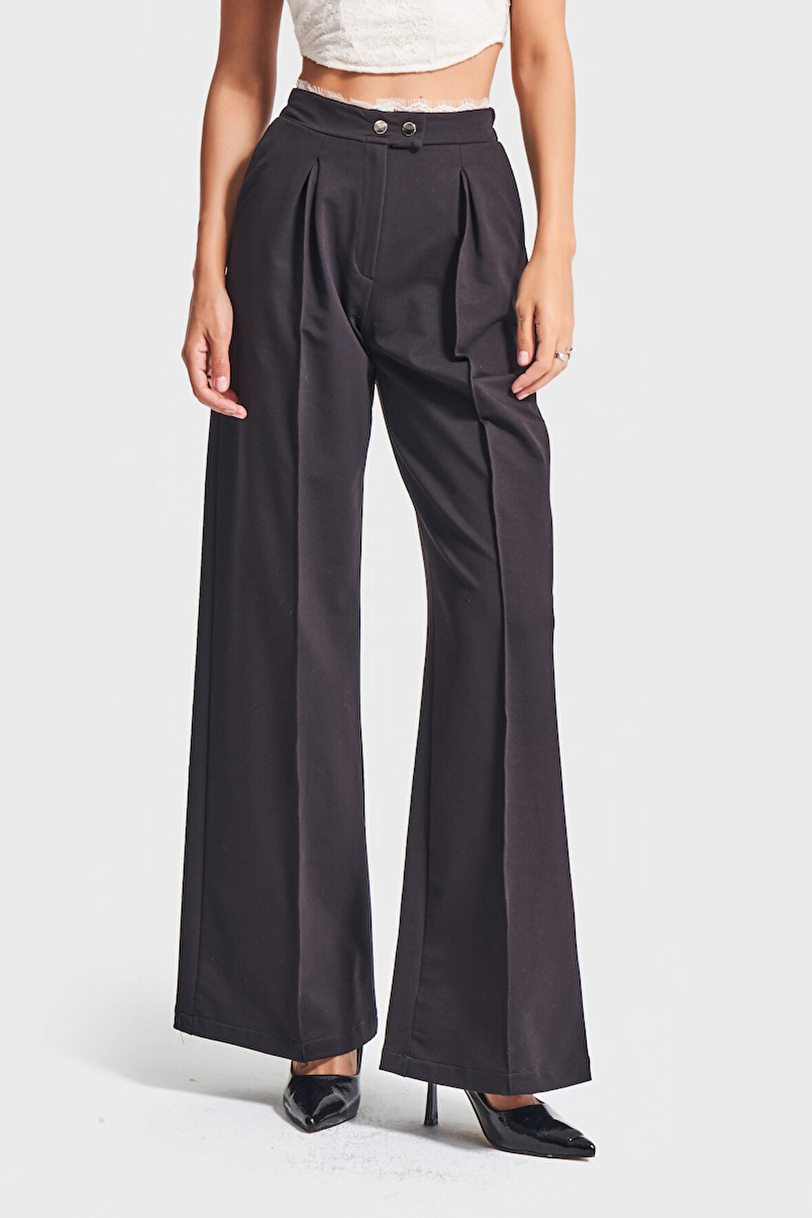 Kadın Siyah Renk w5-1 Palazzo Fit Esnek Kumaş Kemeri Dantel Detaylı Pantolon