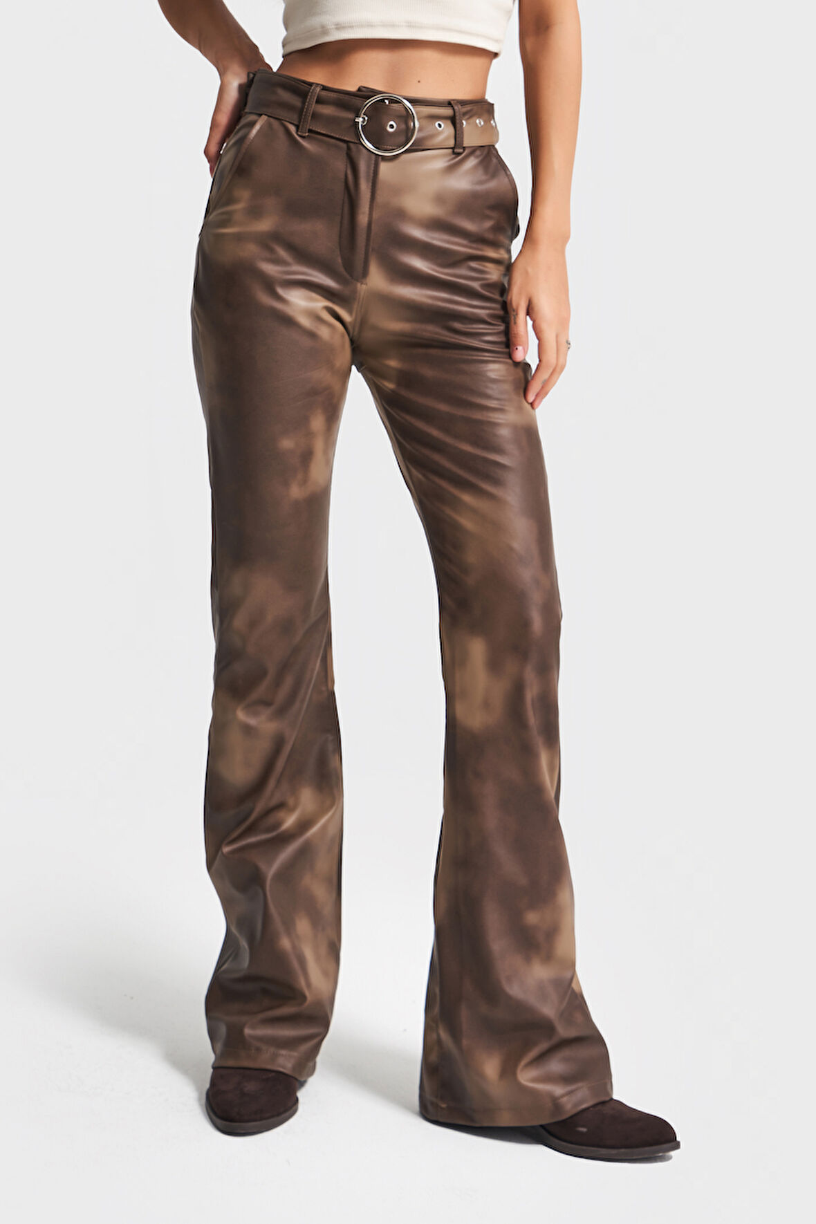 Kadın Batik Renk w5-16 Flare Fit Özel Renk Tasarım Deri Pantolon