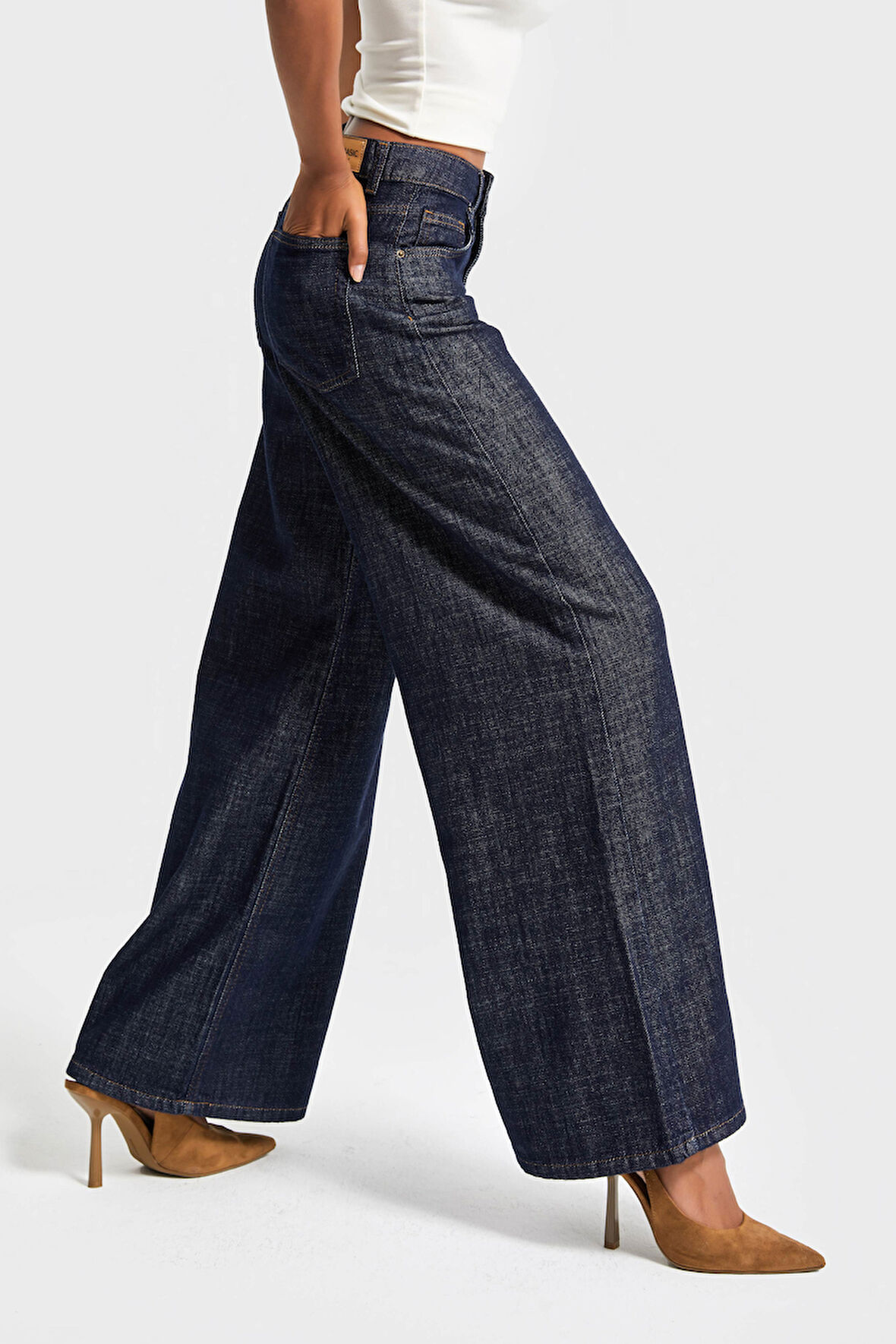 Kadın İndigo Renk 7w5-50 Palazzo Fit %100 Koton Dökümlü Kumaş Denim Jean