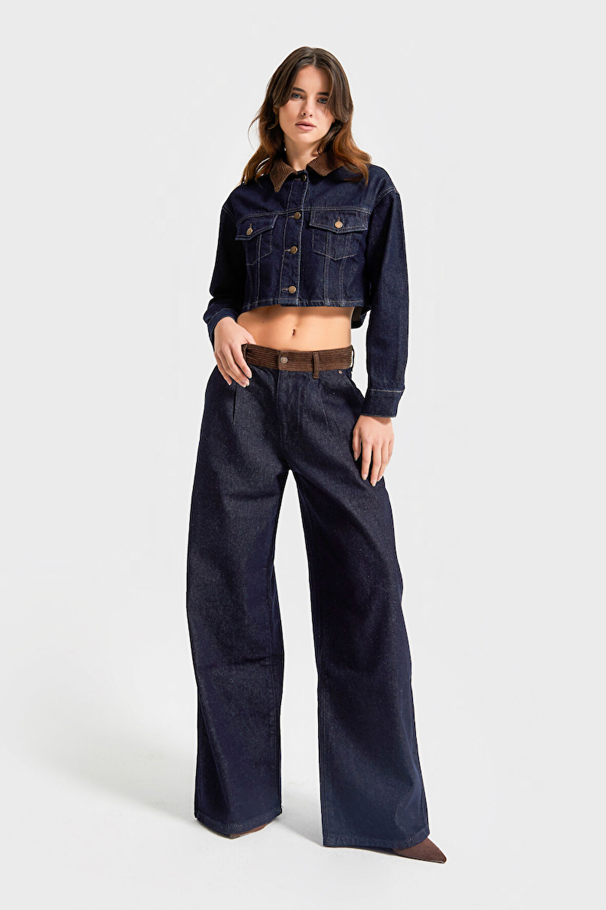 Kadın İndigo Renk 7w5-50 Wide Leg Palazzo Fit Kemer Detaylı %100 Koton Özel Tasarım Denim Jean