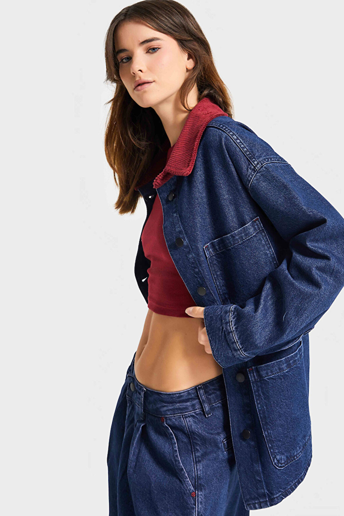 Kadın Koyu Mavi Renk 1w5-149 Oversize Yaka Detaylı Bol Kesim Özel Tasarım Denim Ceket