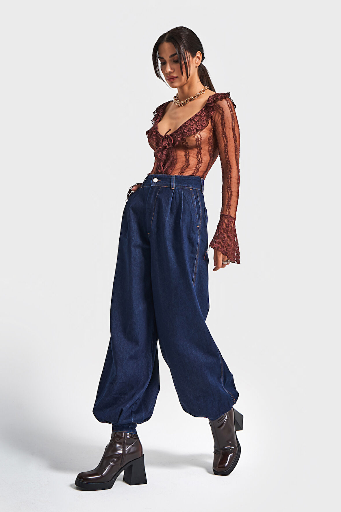 Kadın İndigo Renk 7w5-50 Wide Leg Baggy Fit Paça Detaylı Bol Kesim Tasarım Denim Jean