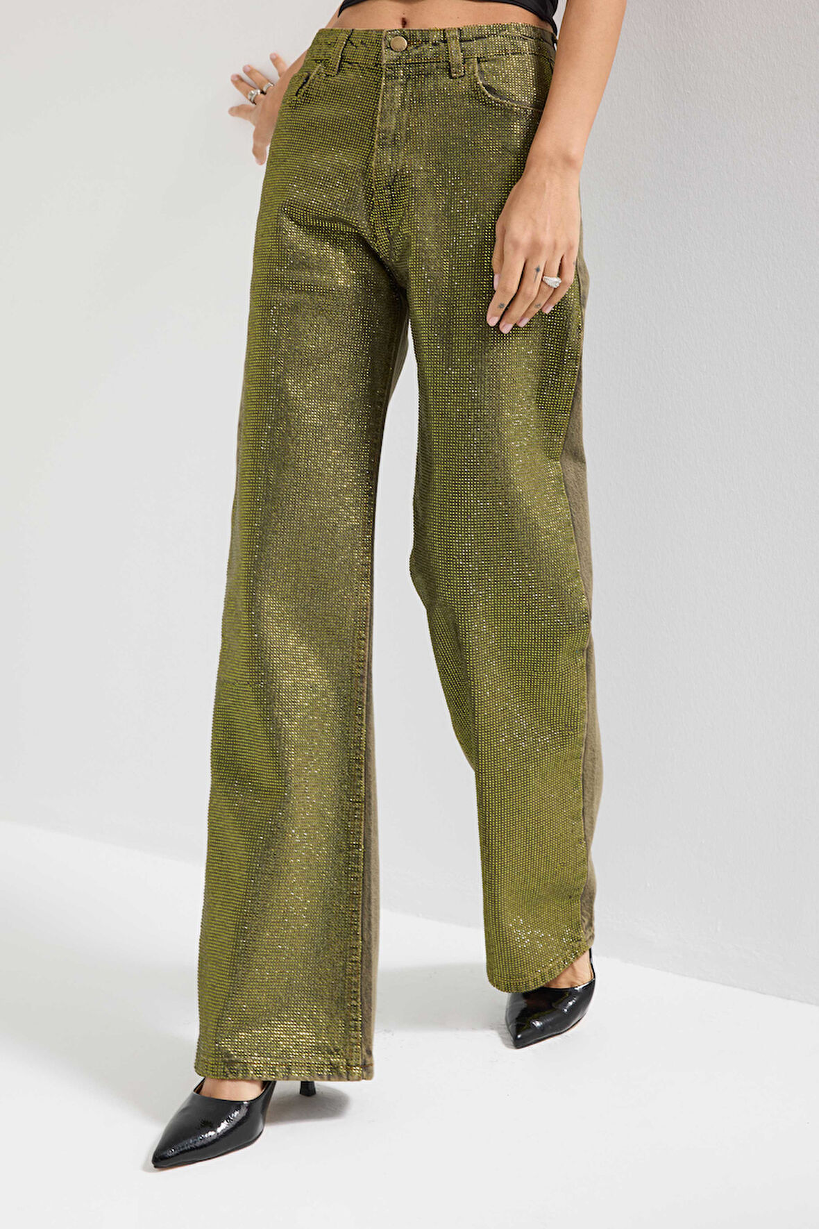 Kadın Yeşil T-3w5-141 Straight Fit Ful Parlak Taşlı Özel Tasarım Denim Jean