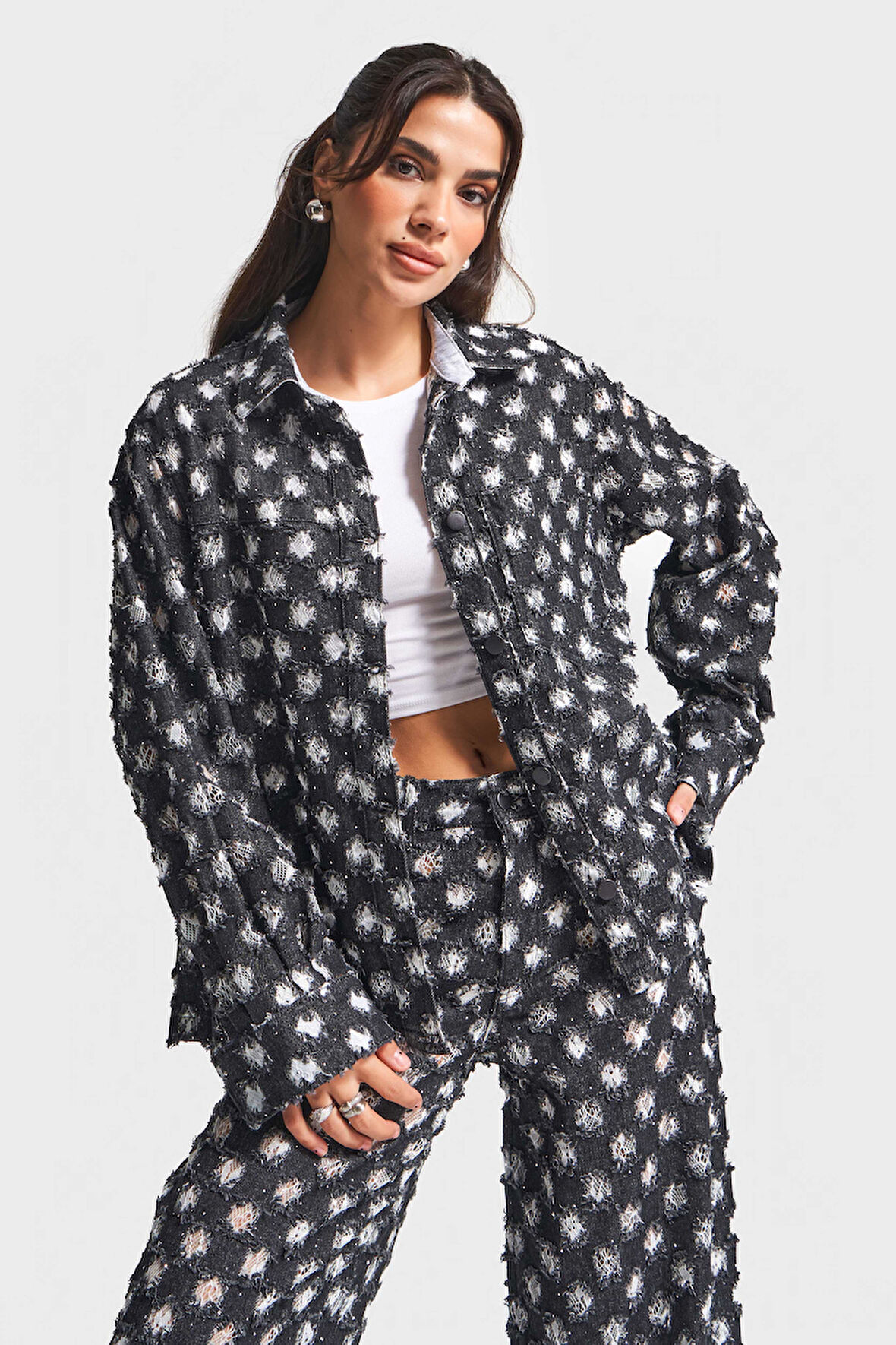 Kadın Antrasit 7w5-51 Oversize Özel Kumaş Tasarım Denim Ceket