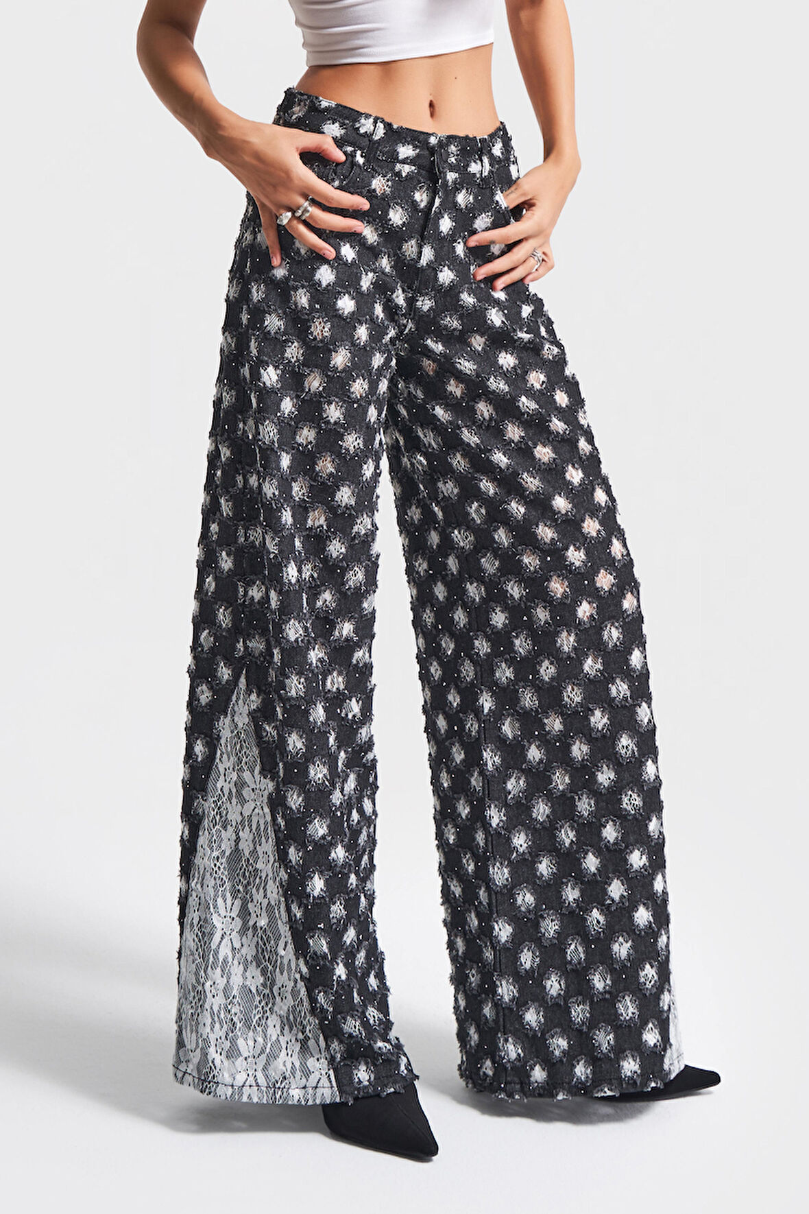 Kadın Antrasit Beyaz Renk 7w5-51 Palazzo Fit Dantel Detaylı Özel Kumaş Tasarım Denim Jean