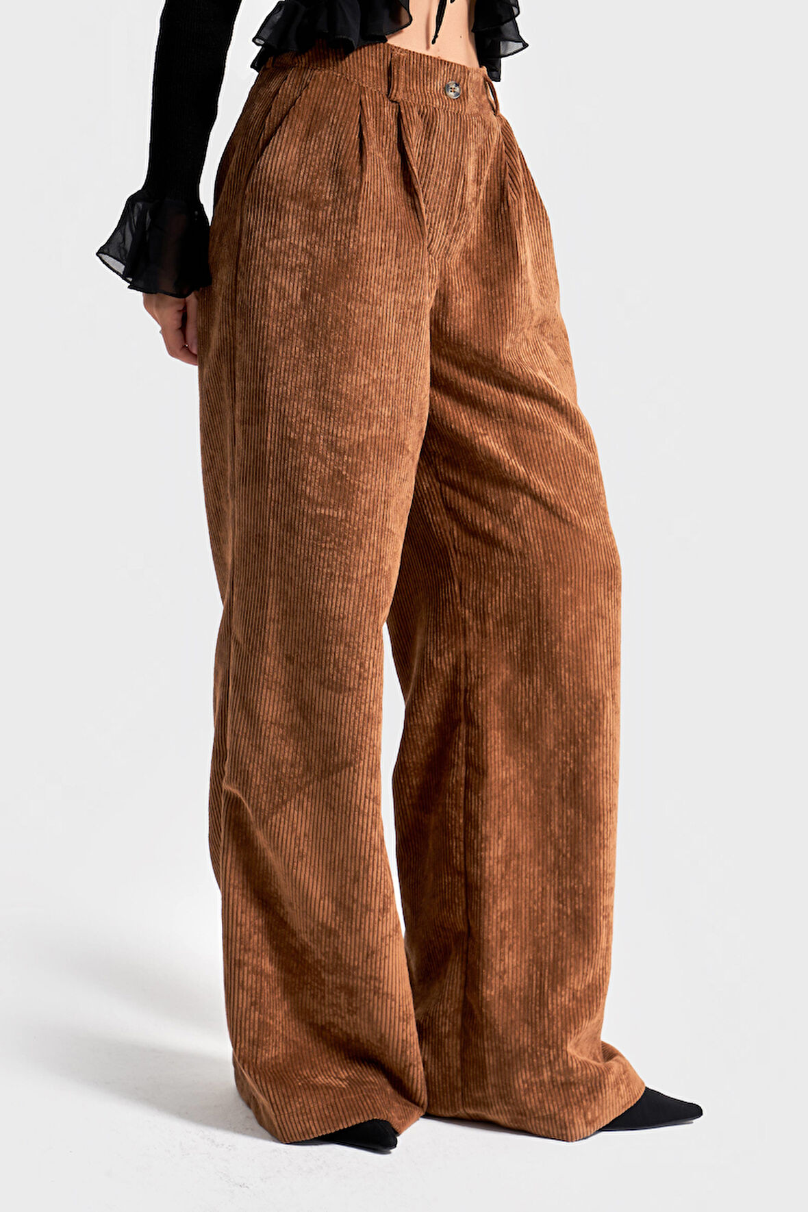 Kadın Latte Kahve w5-76 Süper Palazzo Fit Pileli Kalın Fitilli Velvet Kadife Kumaş Pantolon