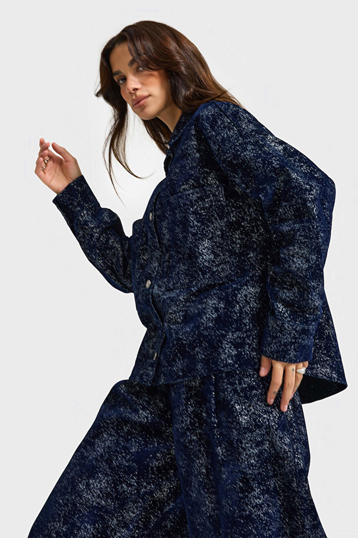 Kadın Koyu Mavi Renk 7w5-56 Oversize Özel Kumaş Tasarım Denim Ceket