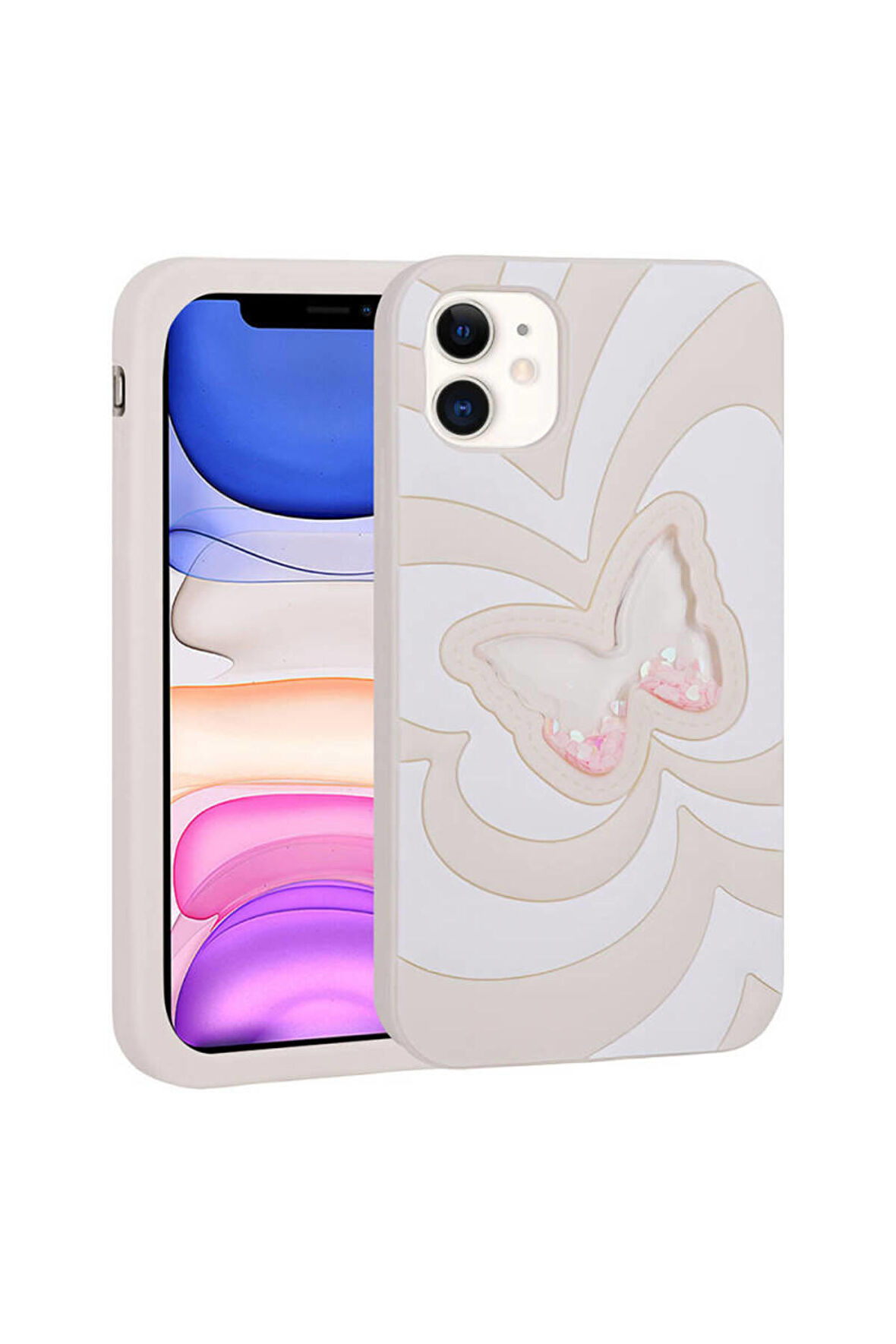 Apple iPhone 11 Uyumlu Simli Sıvılı Kelebek Tasarım Kadın Telefon Kılıfı Kapak Beyaz