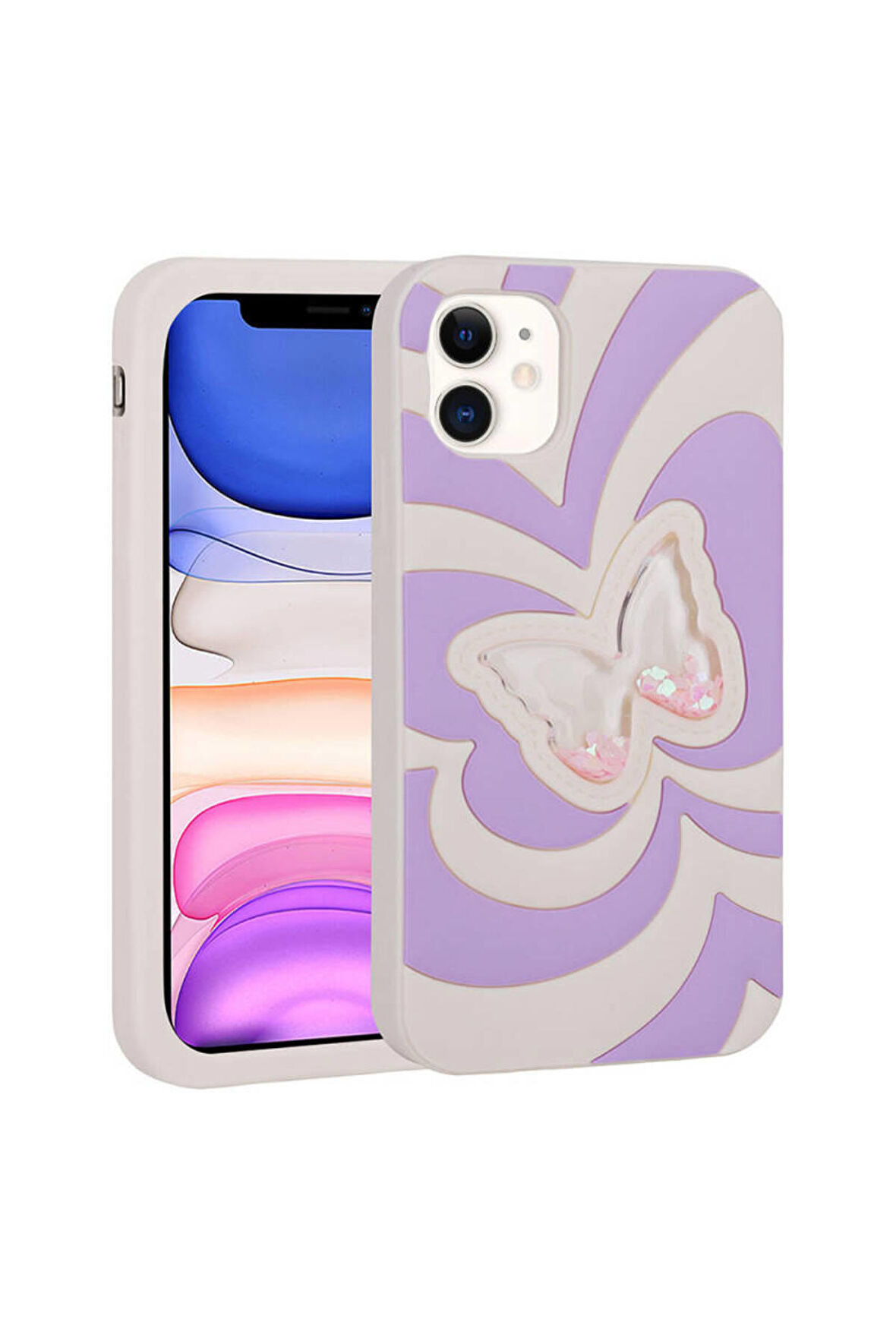 Apple iPhone 11 Uyumlu Simli Sıvılı Kelebek Tasarım Kadın Telefon Kılıfı Kapak Lila