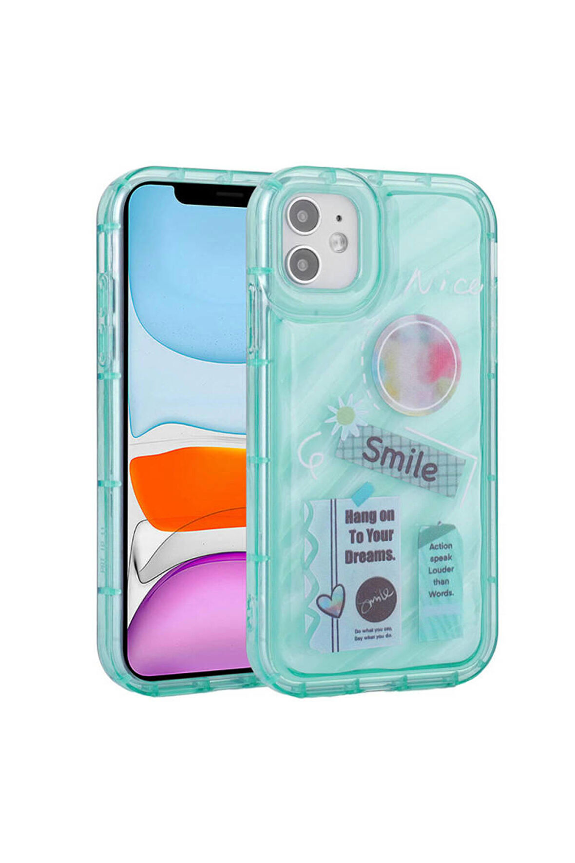 Apple iPhone 11 Uyumlu Renkli Airbag Çerçeveli Smile Yeşil Telefon Kılıfı Kapak