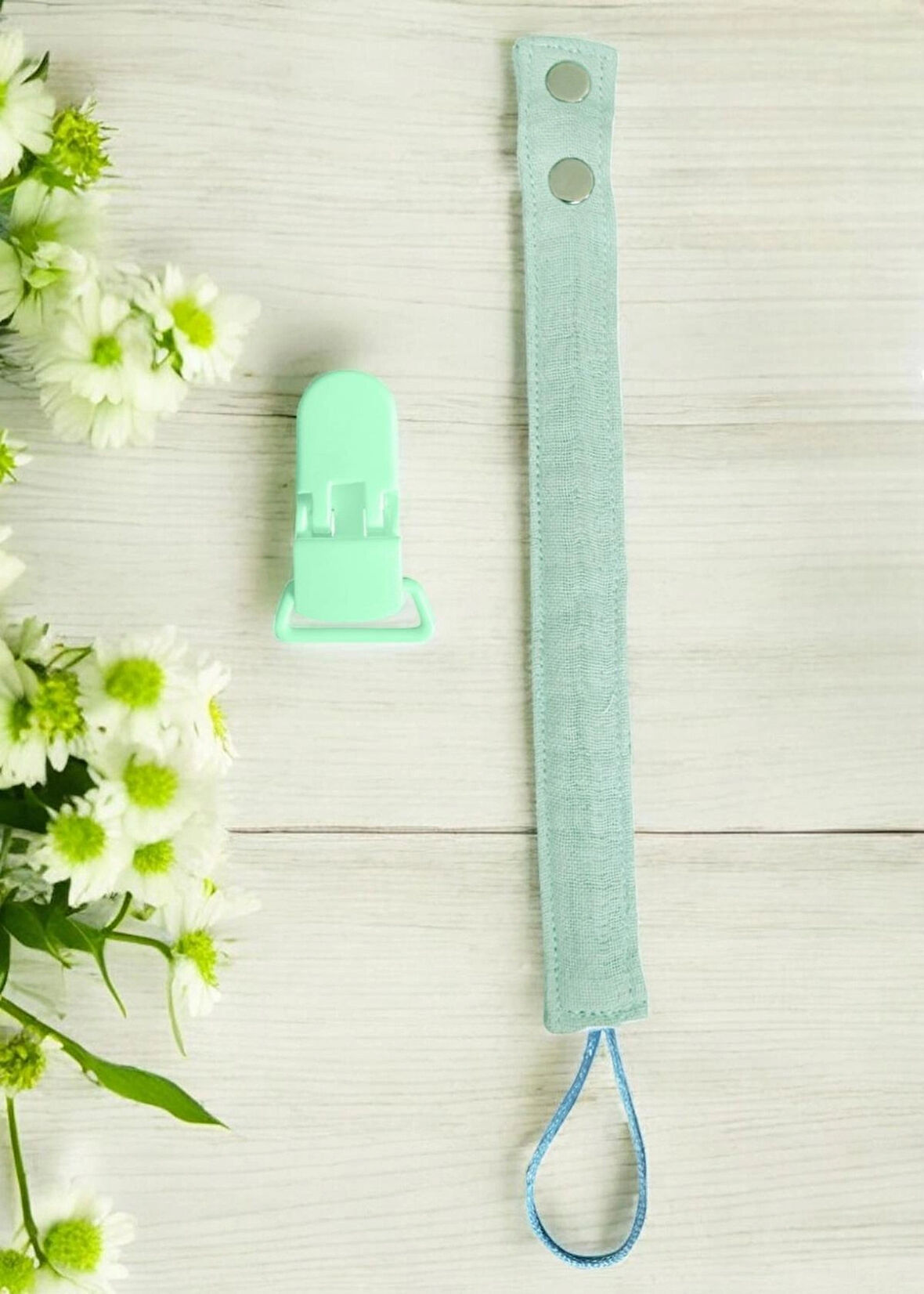 Pamuk Müslin Bebek Emzik Askısı - 1 Plastik Klips, Kolay Açılır Emzik Tutacağı / Zinciri | 2x25 cm