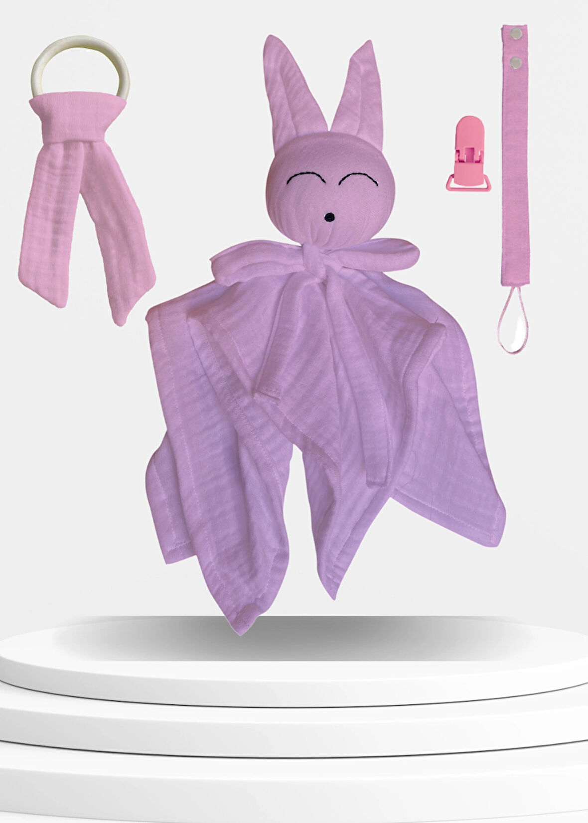 Yenidoğan 3’lü Müslin Set – Uyku Arkadaşı, Diş Kaşıyıcı, Emzik Askısı