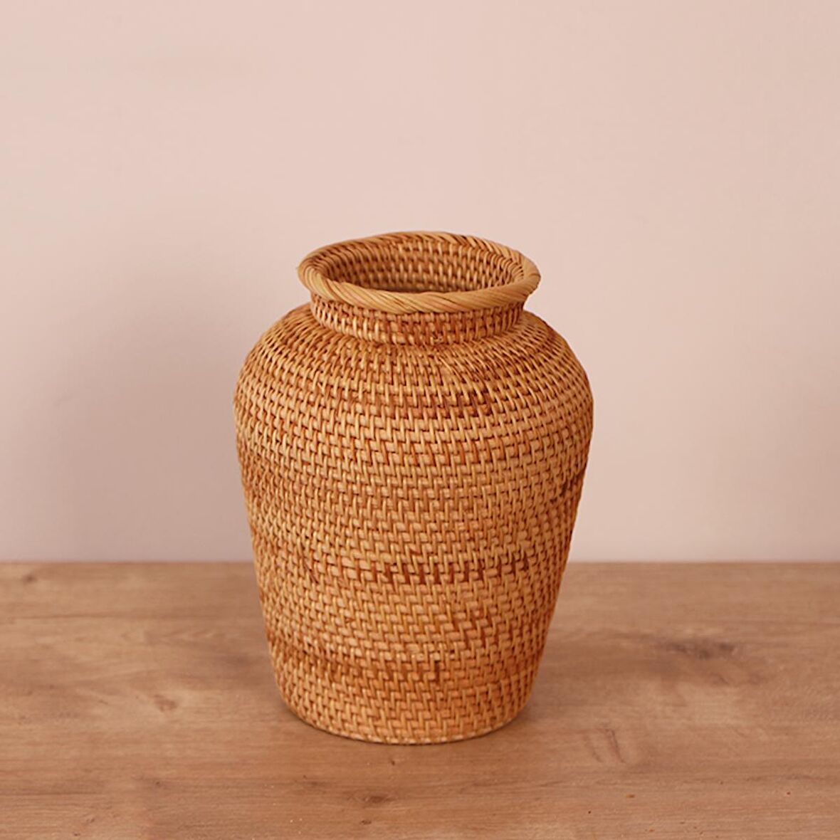 Japandi Bohem Doğal Bambu & Rattan Örme Kahverengi Dekoratif Vazo, Dekoratif Obje, Çiçeklik 16x20cm