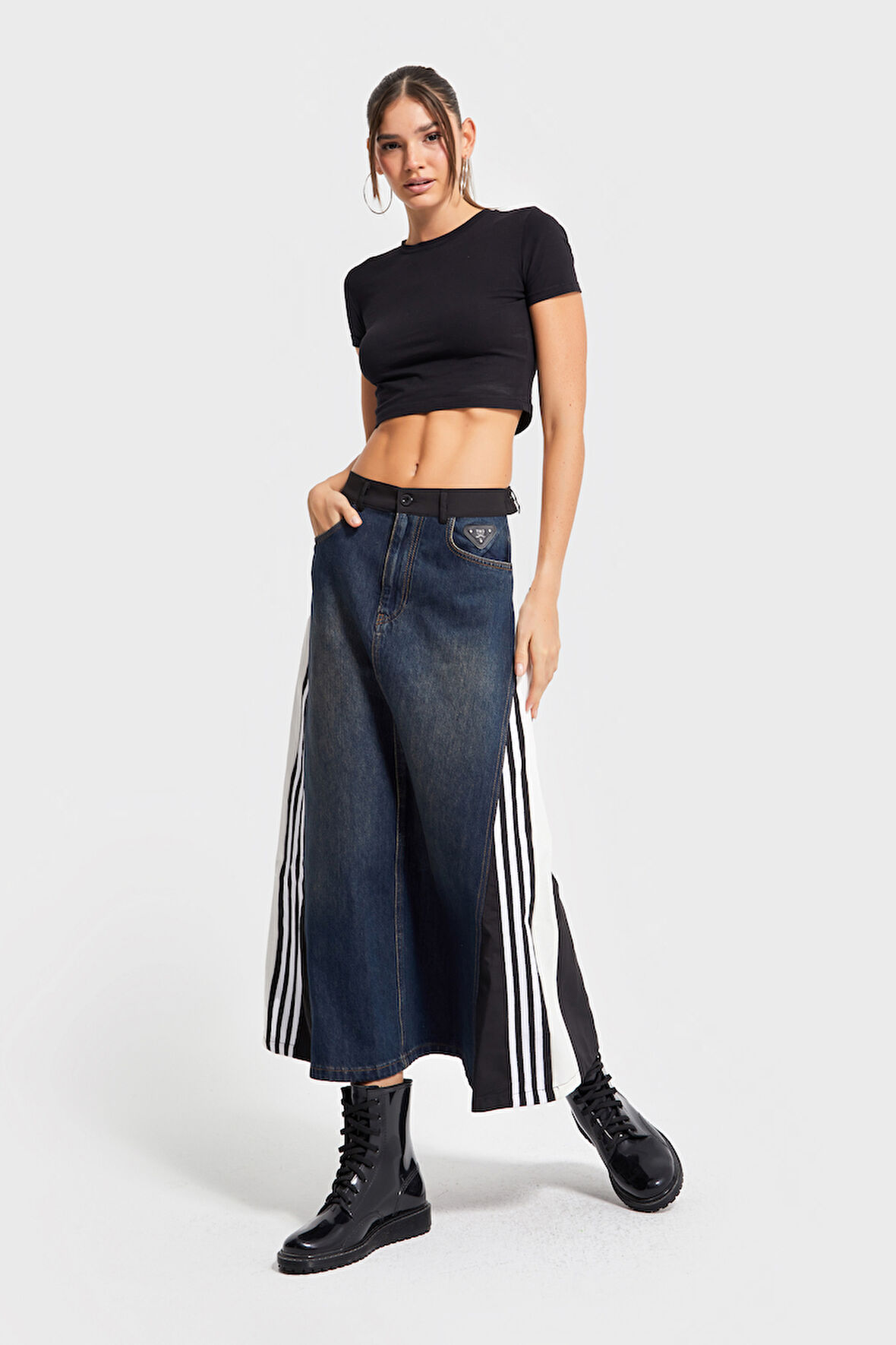 Kadın Kot Rengi Parçalı Kumaş A Tipi Kesim Şerit Detaylı Özel Tasarım Etek