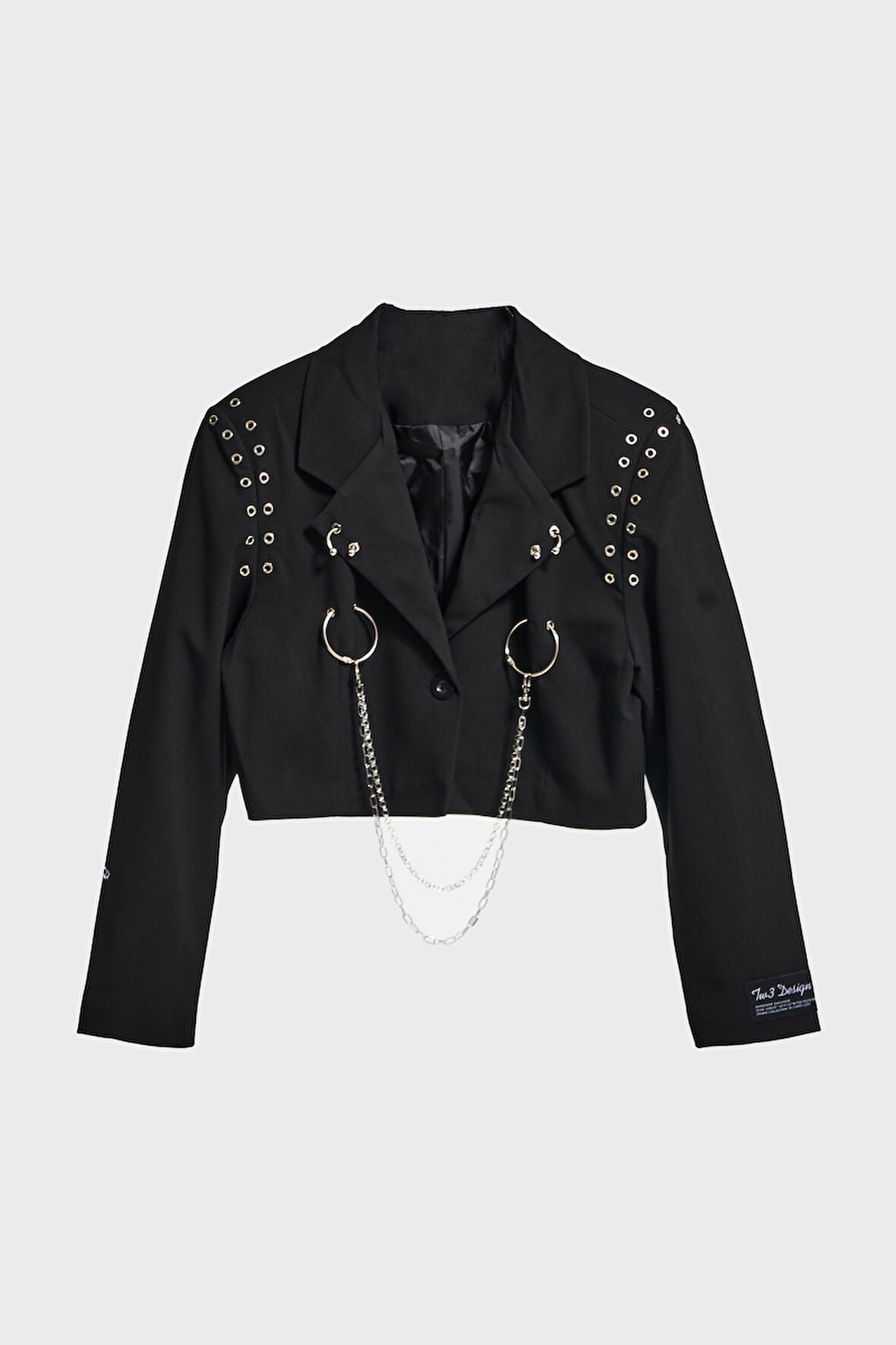 Kadın Siyah Renk Kuş Gözü Detaylı Crop Fit Özel Tasarım Kumaş Ceket