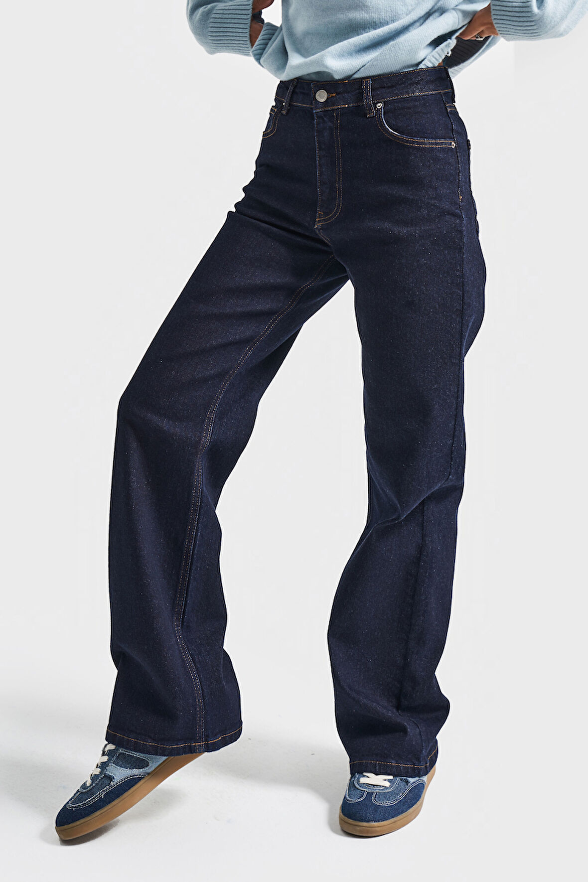 Kadın İndigo Renk 7w5-50 Straingt Fit Yüksek Bel İç Boy 80cm Esnek Kumaş Denim Jean