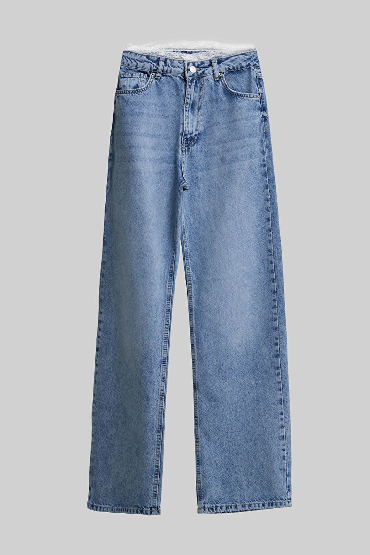 Kadın Mavi Renk D-4s5-27 Straight Fit Kemeri Dantel Detaylı Yüksek Bel Tasarım Denim Jean