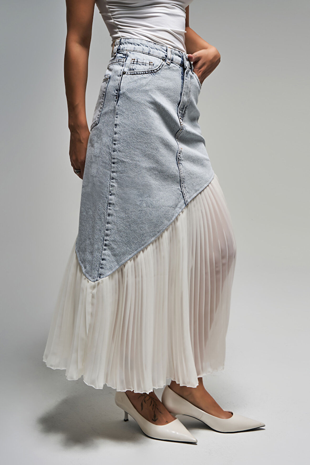 Kadın Kot Rengi 3s5-3 Denim Kumaş Parça Pileli Maxi Boy %100 Koton Tasarım Denim Etek