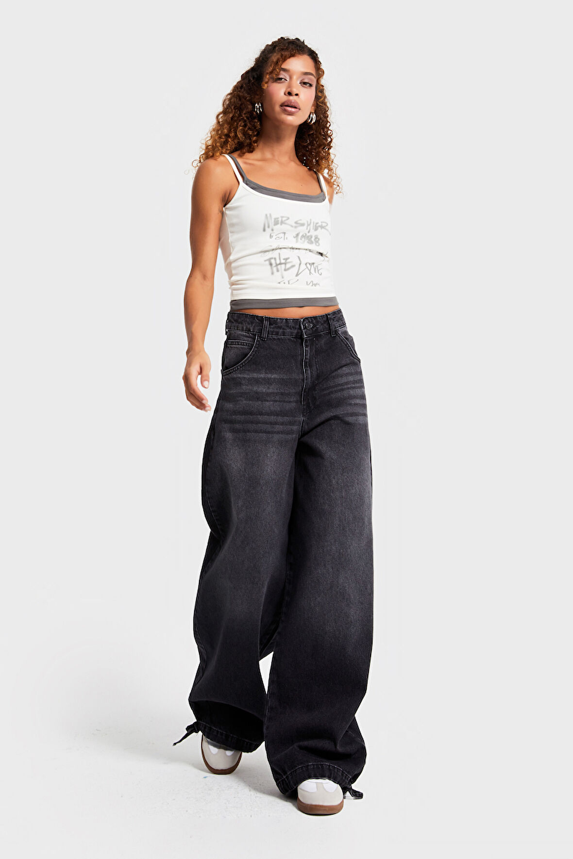 Kadın Füme Renk 2w5-1 Straight Baggy Fit %100 Koton Paça Bağcık Detaylı Bol Kesim Denim Jean