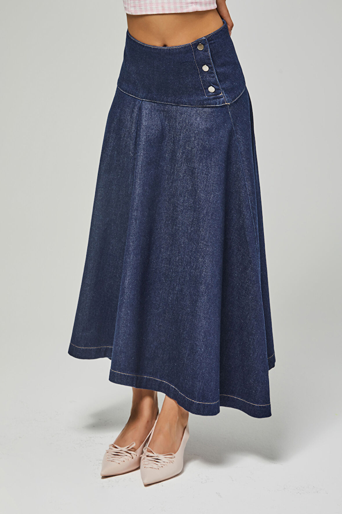 Kadın İndigo Renk 7w5-50 Maxi Boy Çan Kesim A Tipi %100 Koton Denim Etek