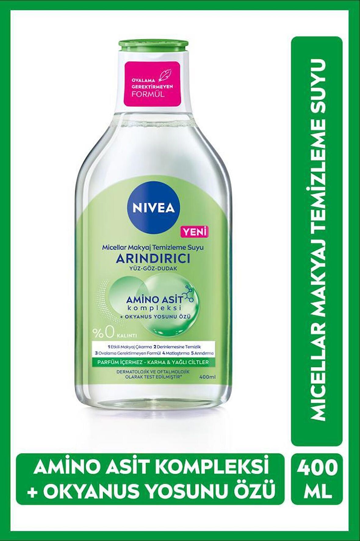 NIVEA Micellar Makyaj Temizleme Suyu Amino Asit ve Arındırıcı Okyanus Yosunu Özü 400 ml, Yüz,Göz ve Dudak için