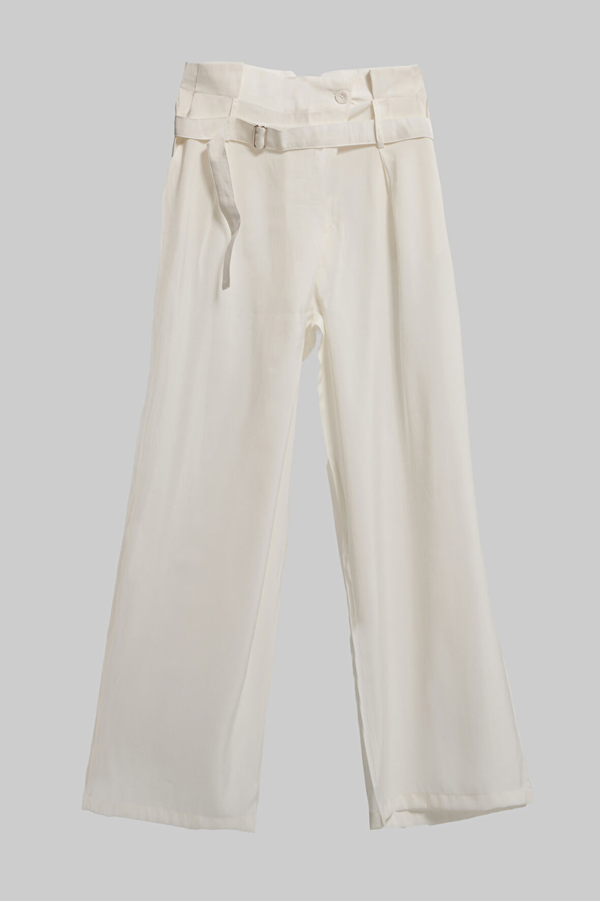 Kadın Ekru Renk Palazzo Fit Kemer Detaylı İpek Saten Kumaş Özel Tasarım Pantolon