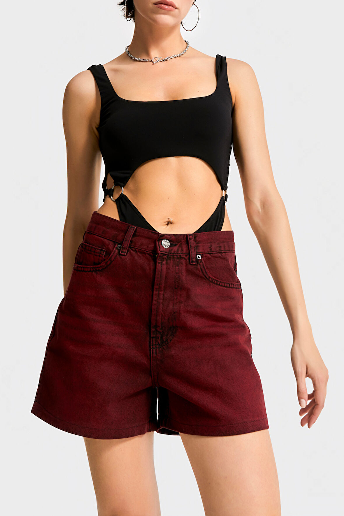 Kadın Bordo Renk 20s5-35 Midi Boy Mom Fit %100 Koton Denim Şort