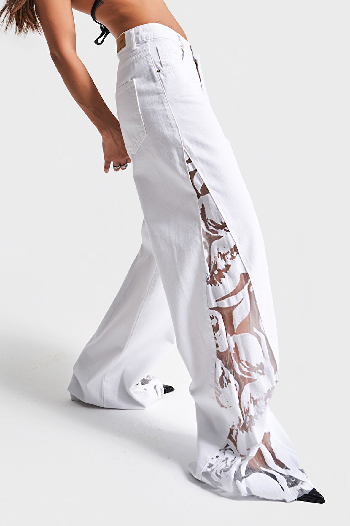 Kadın Beyaz renk 5s5-2 Wide Leg Fit Tül Dantel Detaylı %100 Koton Tasarım Denim Jean