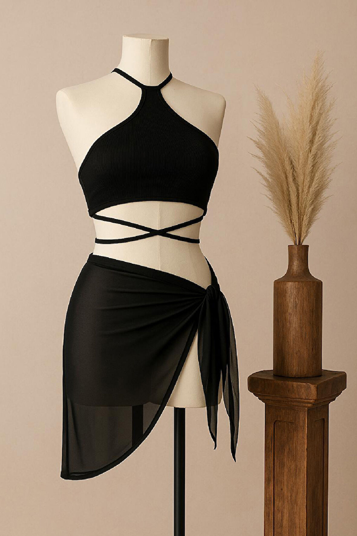 Kadın Siyah Çapraz Bağlamalı Crop Ve Pareo 2'li Set - Siyah - L-XL