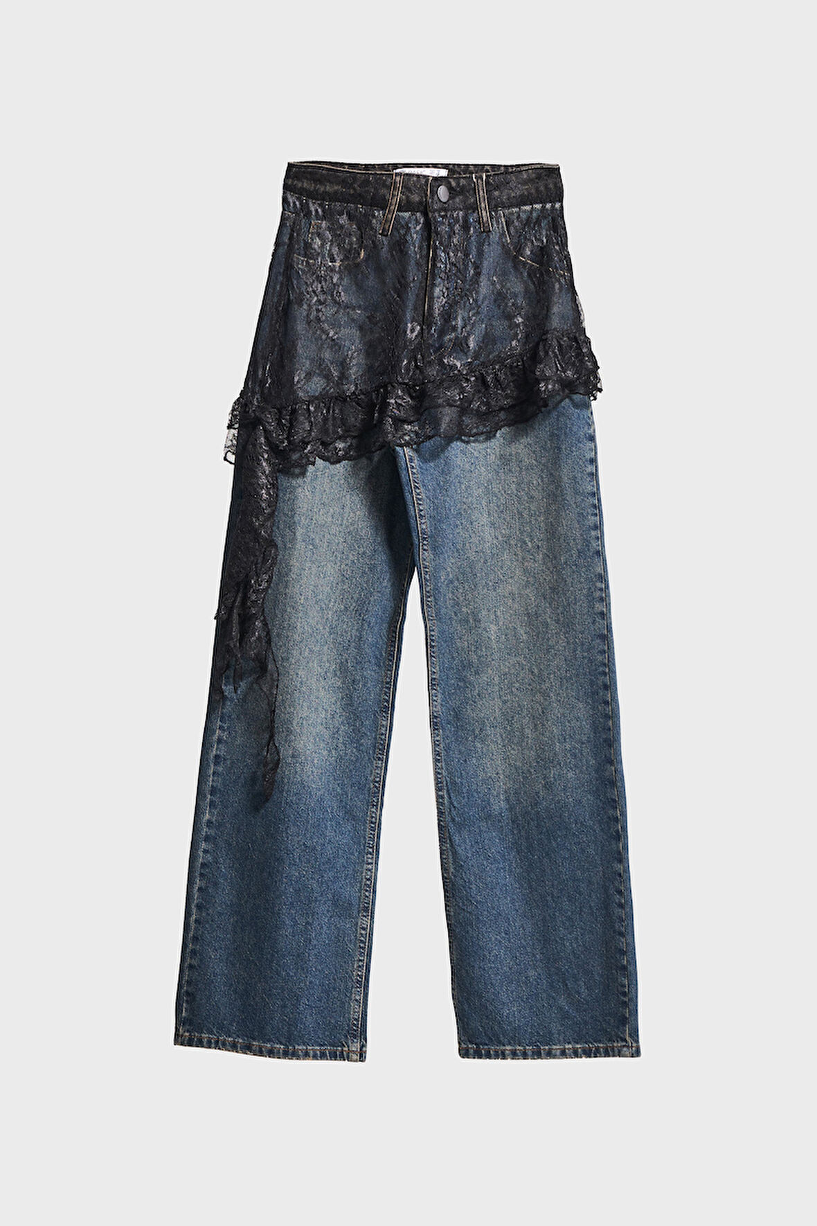 Kadın Kot Rengi 2w5-8 Straight Fit %100 Koton Dantel Detaylı Etek Özel Tasarım Denim Jean