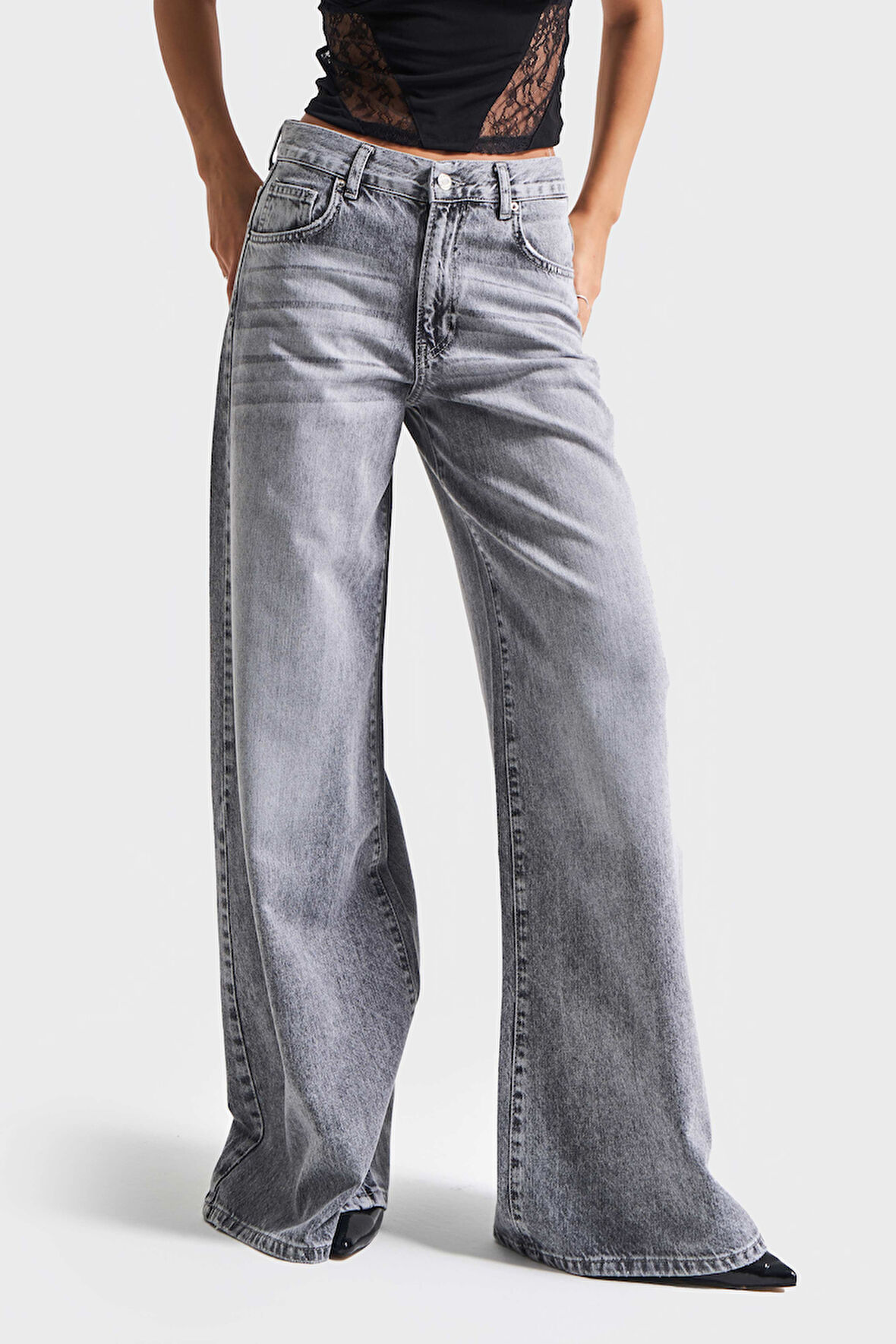 Kadın Gri Renk 4s5-13 Palazzo Fit Bol Kesim %100 Koton Orta Bel Denim Jean