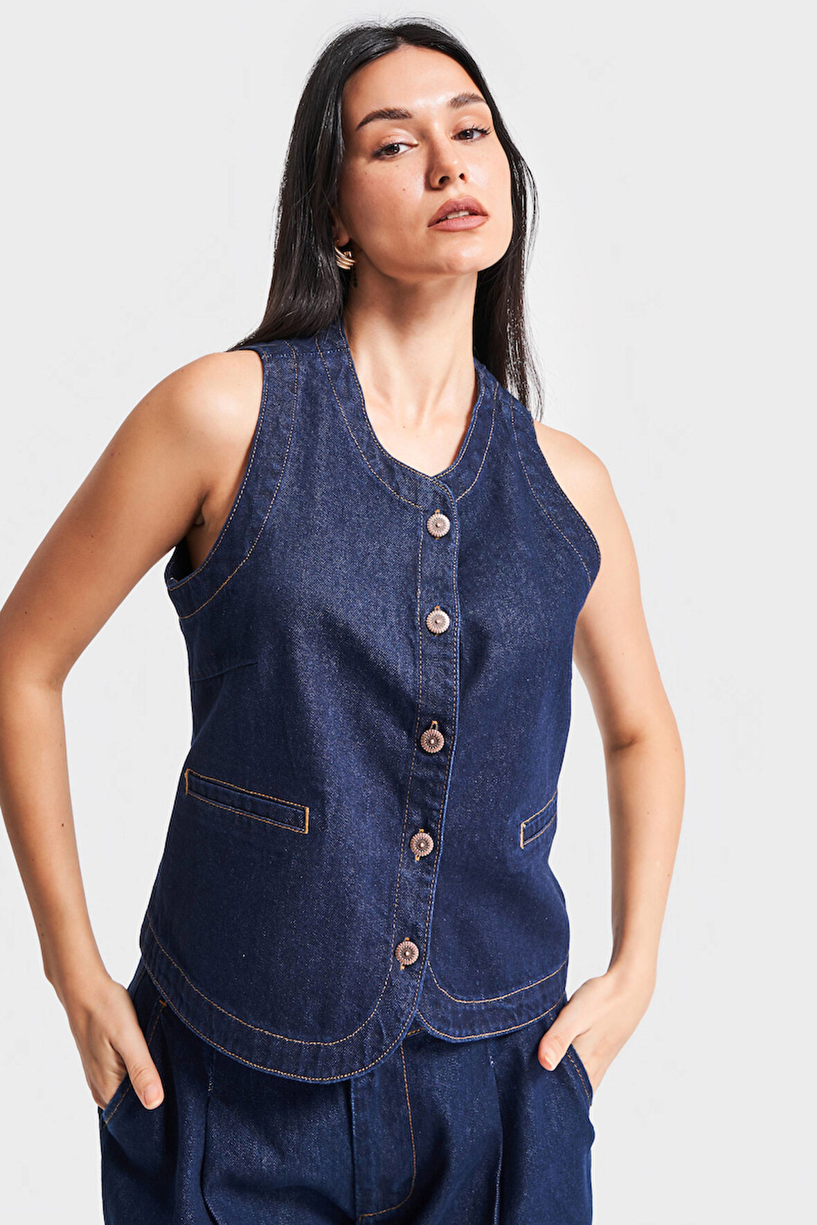 Kadın İndigo Renk 7s5-50 Kemer Boy Önü Düğmeli %100 Koton Sıfır Kol Denim Yelek