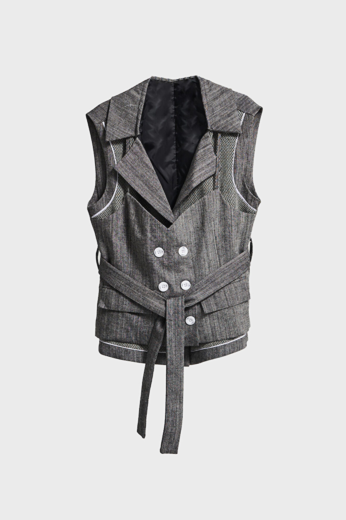 Kadın Gri Renk Kruvaze Kesim İçi Astarlı Kemer Detaylı Özel Tasarım Yelek